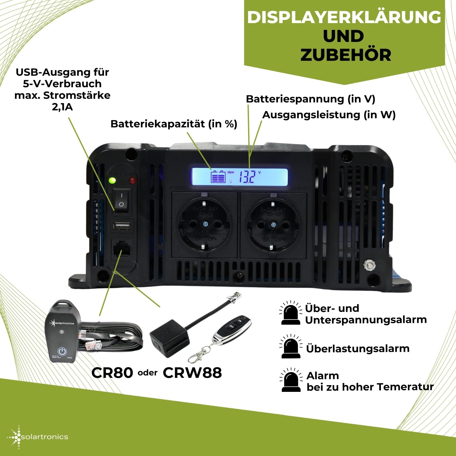 SOLARTRONICS Spannungswandler FS2000D 12V 2000 Watt mit Display - Wechselrichter 12v auf 230v - Reiner Sinus - LiFePO4/Lithium, Blei-, Gel oder AGM-Batterie kompatibel - USB - Fernbedienung optional