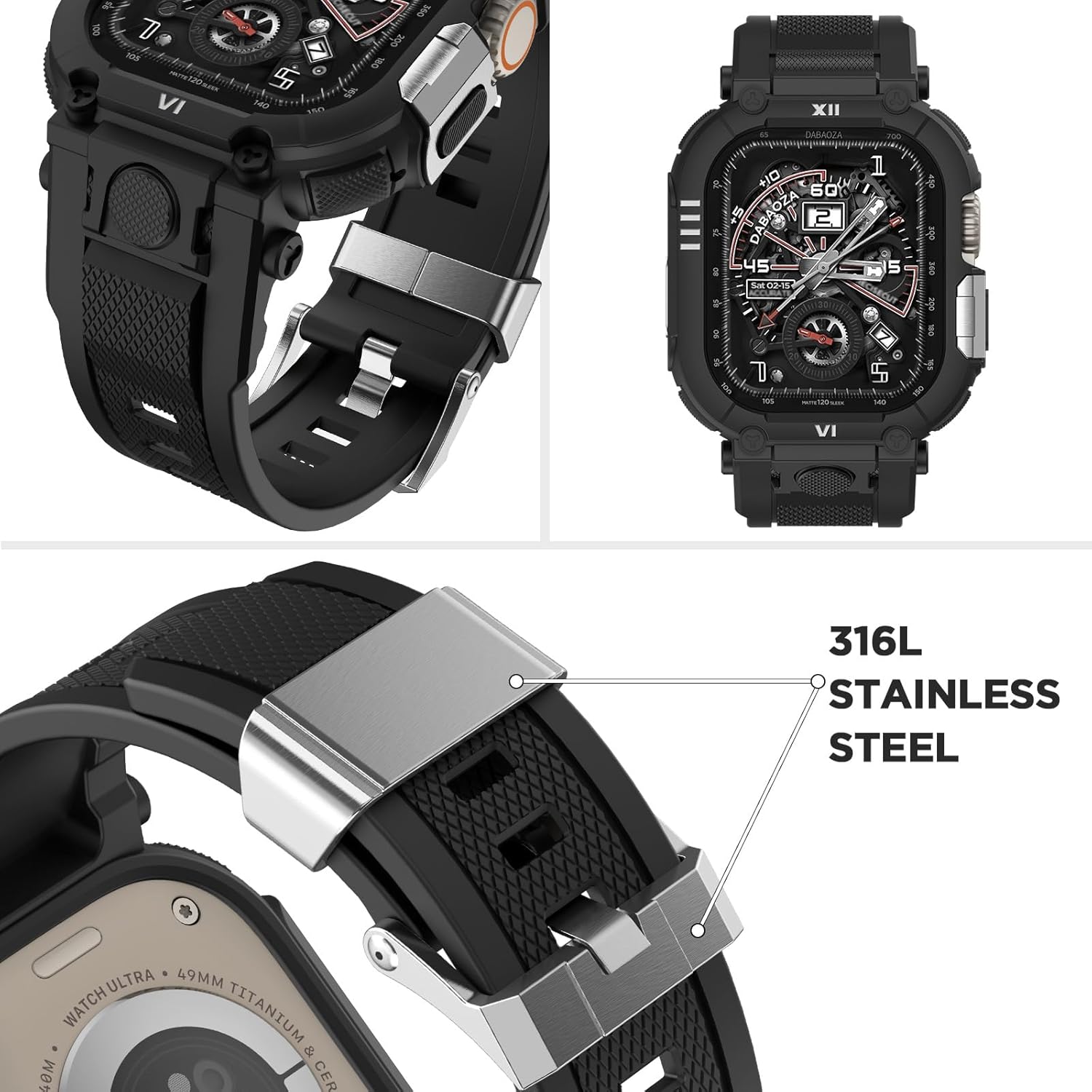DABAOZA Compatible with Apple Watch Band 49mm Case for Men, Sport Shockproof Rugged Protective Strap Bumper Cover for iWatch SE Ultra 3/2/1 Series 11/10/9/8/7/6/5/4/3 (Black/Silver,49)