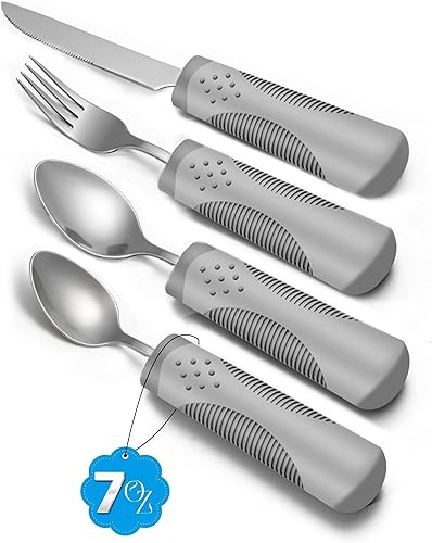 Utensilios adaptativos (juego de 4 piezas) con peso de 7 onzas cada uno- Utensilios con peso para temblores de manos y pacientes de Parkinson -