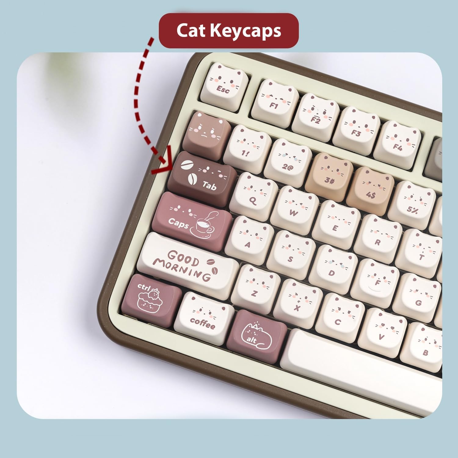 mintcaps 140keys PBT Keycaps Cute Brown Keycaps Dye-Sublimation Cat Keycap Mao Profile Custom Keycap for 61/64/68/78/84/87/96/98/104/108 Gateron MX Swithes Mechanical Keyboards