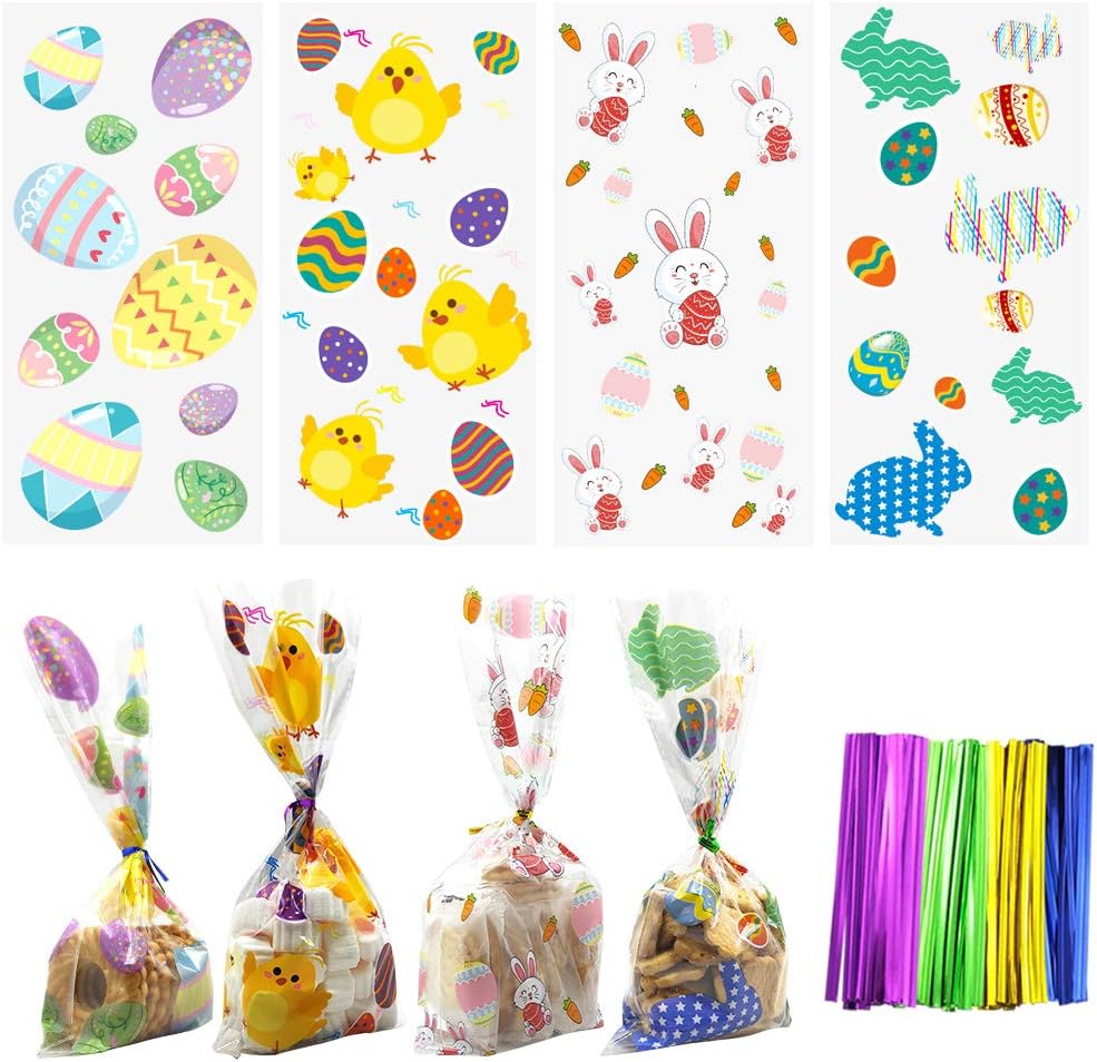 Hifunwu 120 Pack Easter Cookie Bags Easter Treat Bags Easter Cellophane Bags with