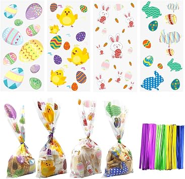 Hifunwu 120 Pack Easter Cookie Bags Easter Treat Bags Easter Cellophane Bags with Ties for Cookie Candy Easter Party Supplies