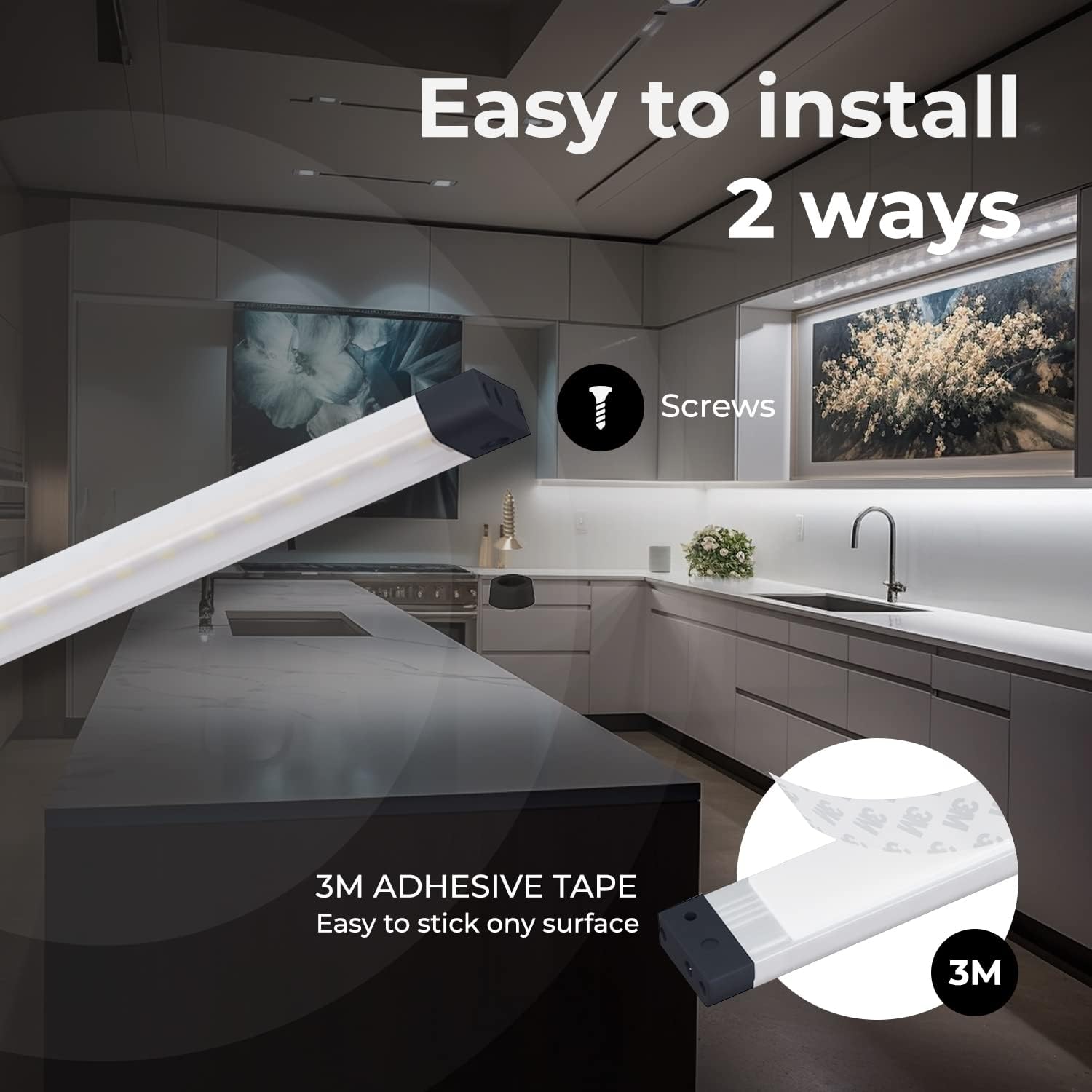 EShine Hand Wave Activated Under Cabinet LED Lighting Kit, Dimmable, 1-Pack 20 in - Touchless Dimming Control, Black Under Counter Lights for Kitchen, Garage, Office, Desk - Cool White (6000K)