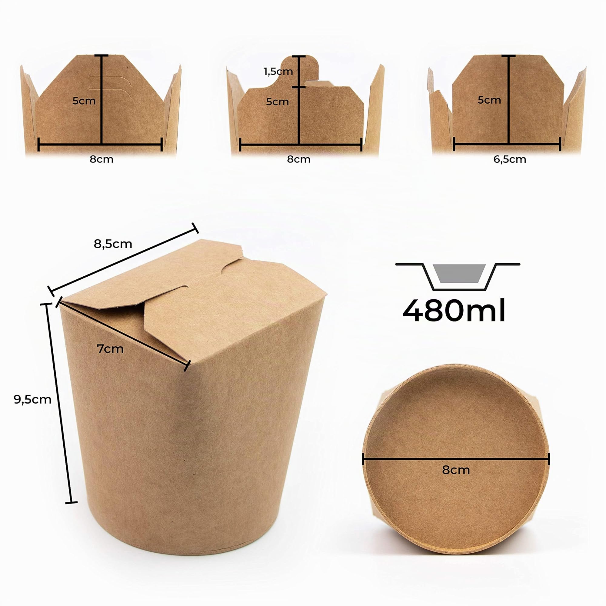 Extiff Lot de 50 boîtes marrons en carton 480ml - Récipient alimentaire jetable pour nourriture à emporter - Pasta Box pour nouilles/pâtes/plats cuisinés - Etanche - 100% recyclable