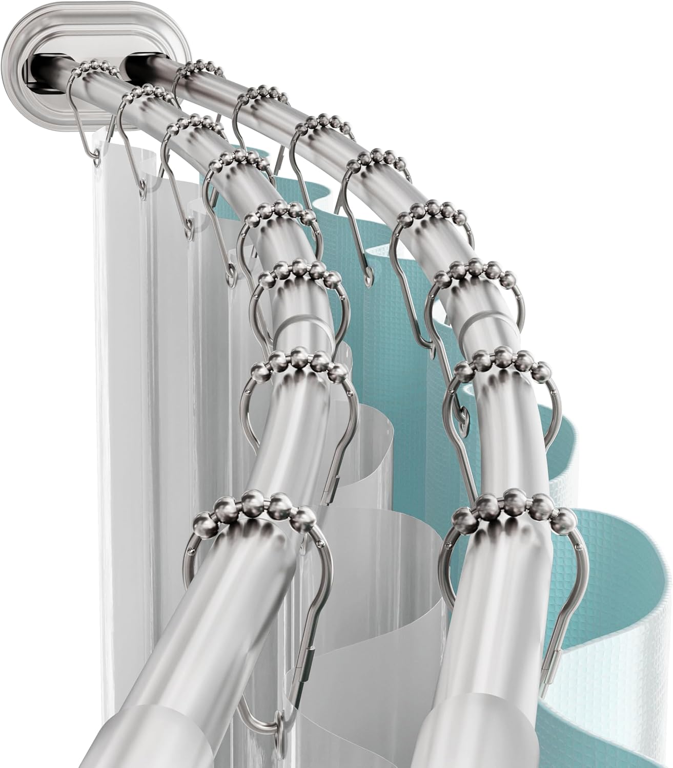 Zenna Home Rustproof Double Curved Shower Curtain Rod, No Drill Adjustable Curved Tension Shower Curtain Rod for Bathroom, Easy Install, Rounded for Extra Room, 50 to 72 Inches, Satin Nickel