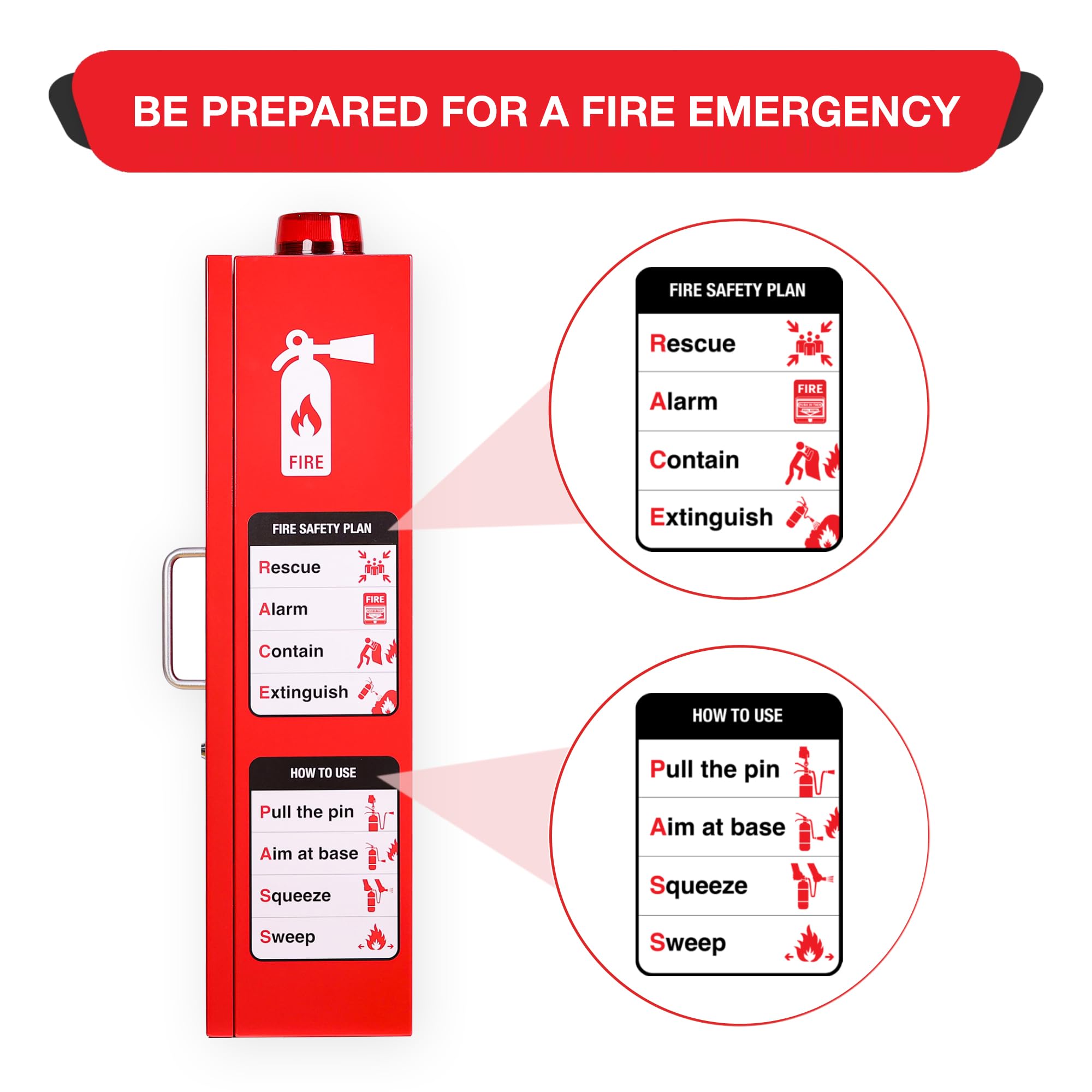 Extintor de 5 libras con alarma, cerradura y ventana acrílica rompible | Montaje en pared o superficie | Se adapta a extintores de hasta 5 libras | Instrucciones de seguridad contra incendios