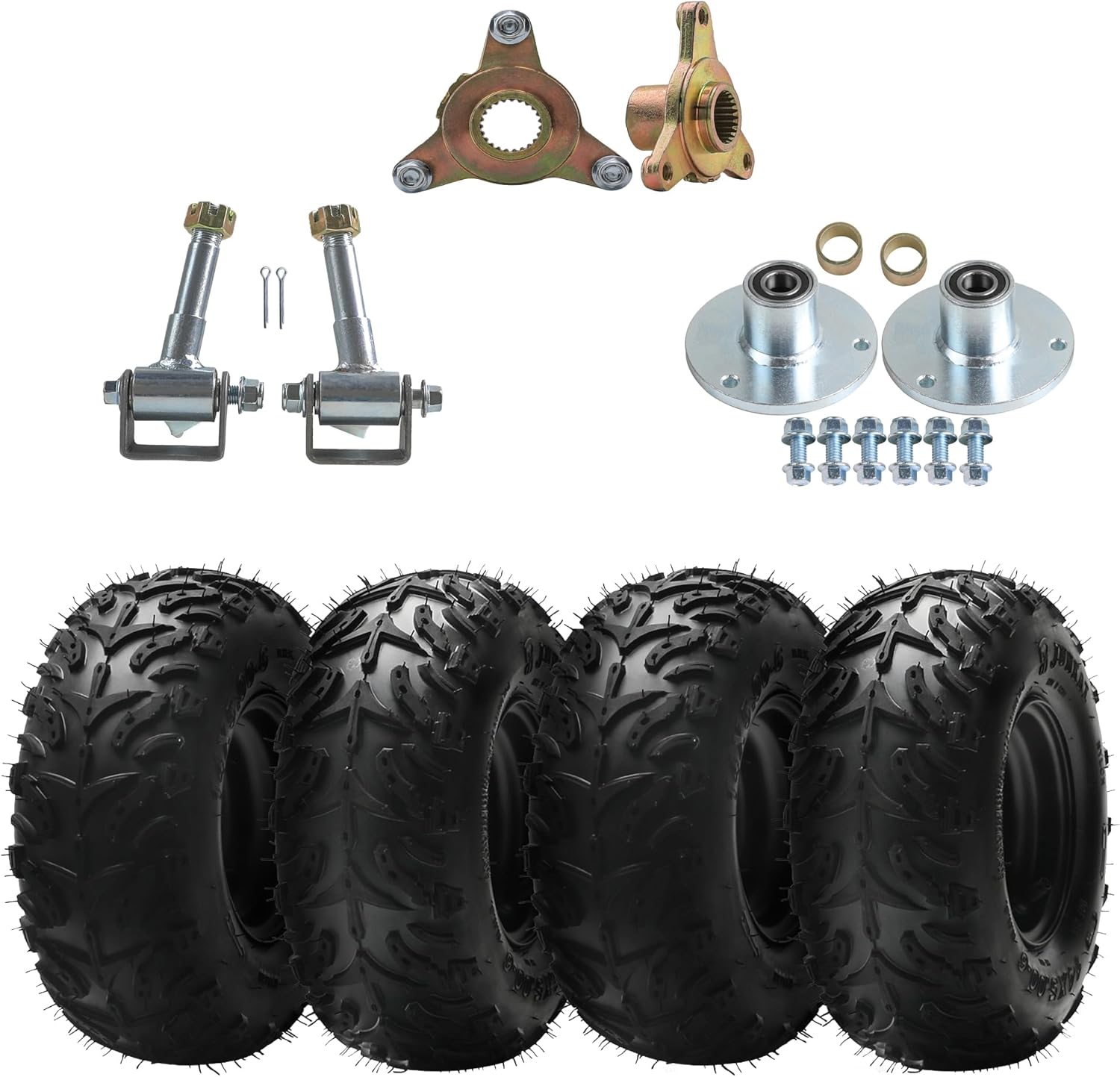 14/5.00-6 14x5.00-6 Tire Wheel Assembly Full Set 4 Wheels with Front Rear Hubs and Steering Spindles 6 Inch 3-Lug 2-Ply Tubeless for ATV Go-Kart Quad Mini Bike Buggy Taotao Kazuma 50cc-125cc (17T)