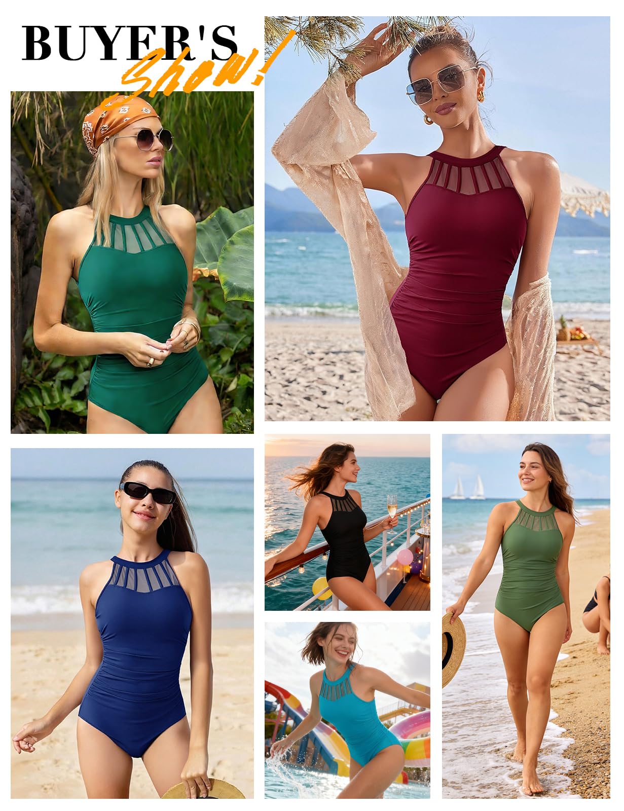 Bañador Mujer Reductor Elegancia de Una Pieza con Relleno y Malla de Cuello Alto para Swimsuit Piscinas de Playa