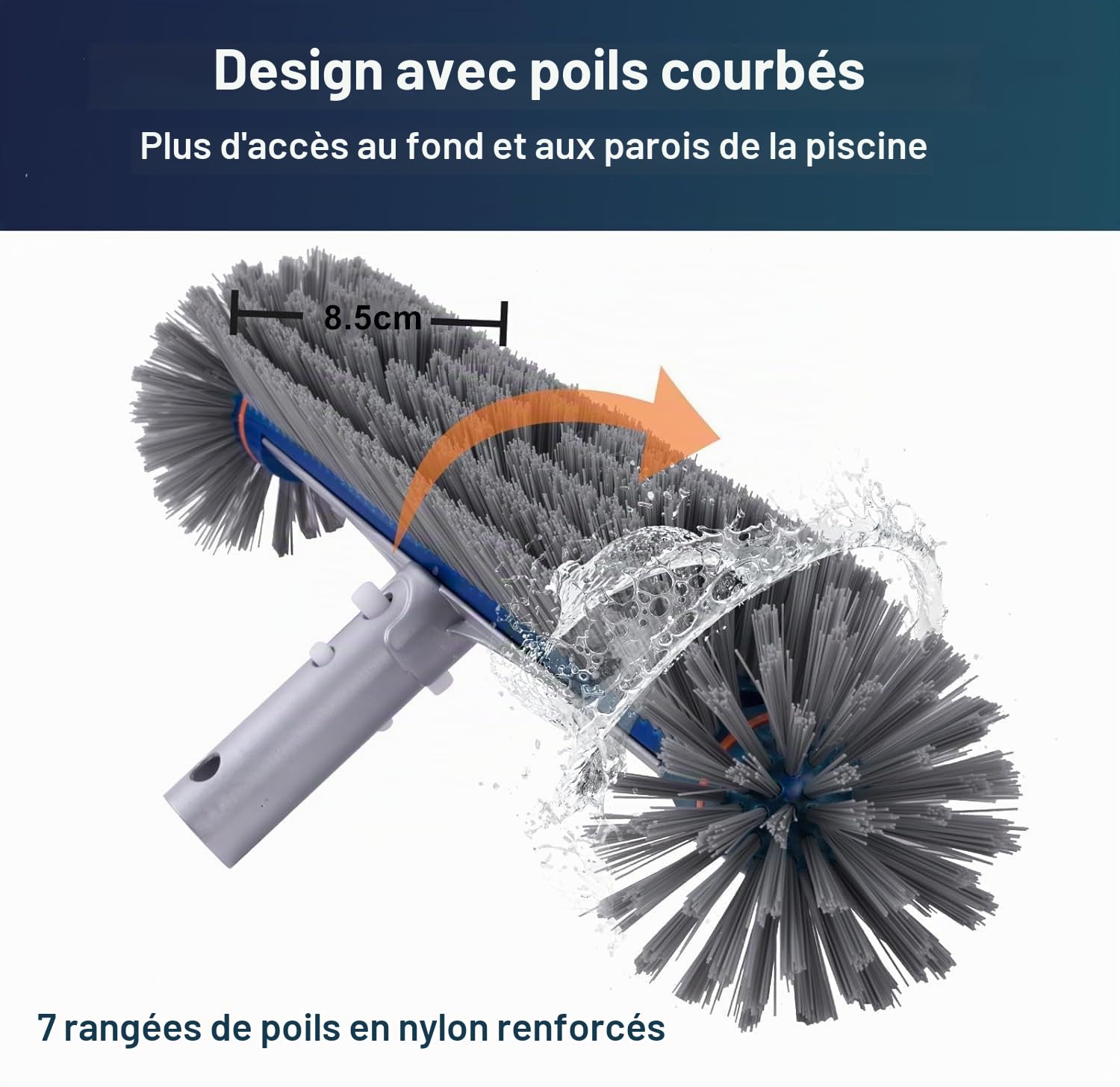 PooLiFE Brosse de piscine de 17,5" avec extrémités rondes pour mur et carrelage avec dos en aluminium renforcé, brosse de qualité supérieure avec poils solides