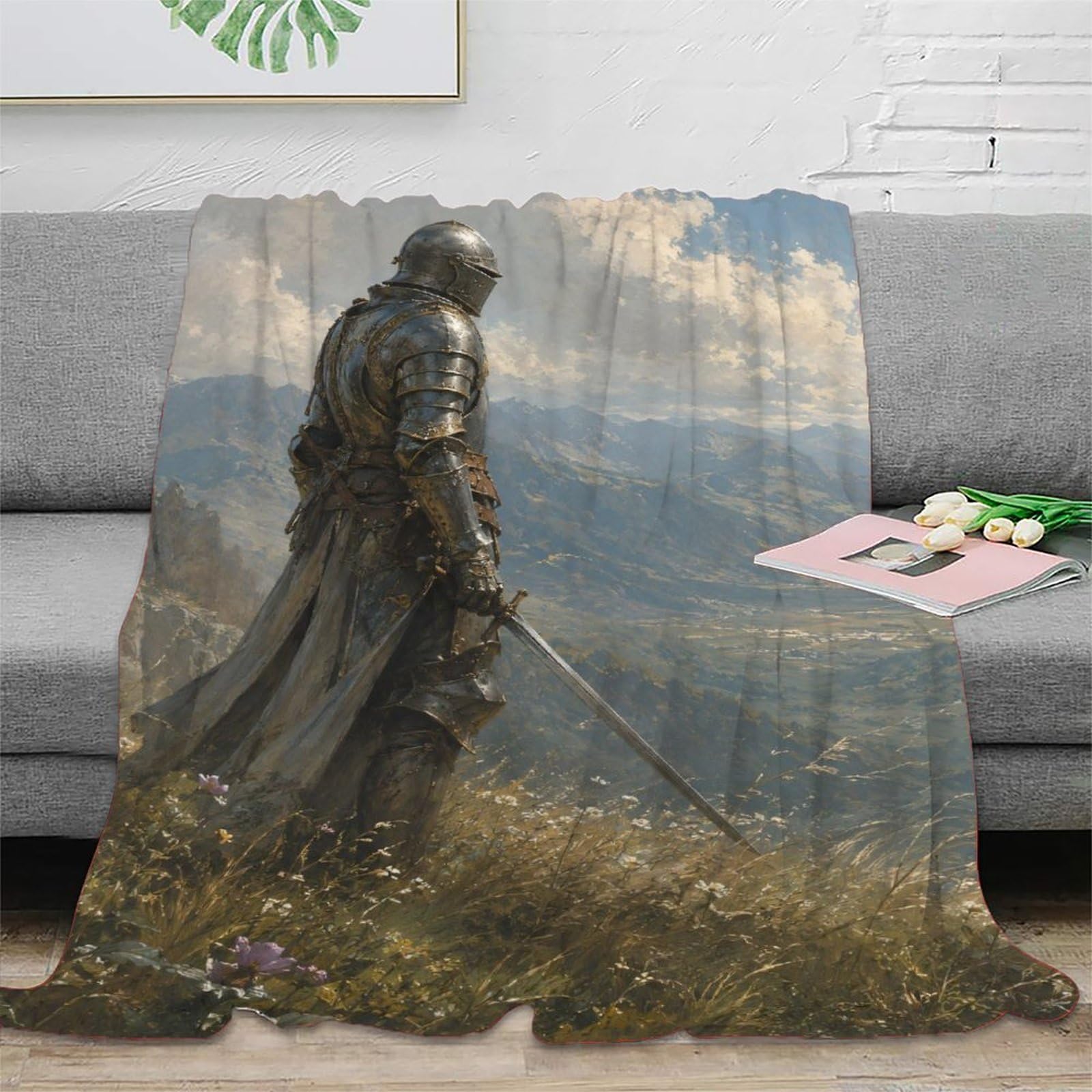 H3B8U2Y5 Medieval Knight Valley Blanket, Flannel, Nap, Dramatic Oil Style
