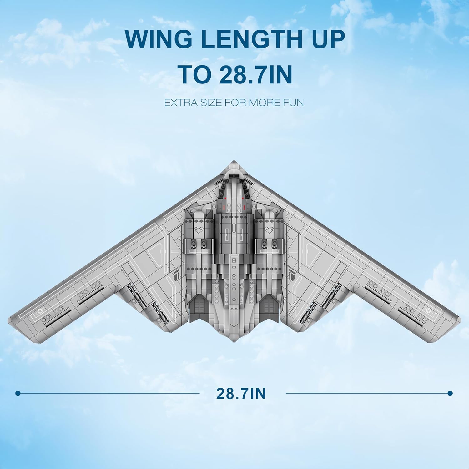 Diagram showing the wing length of the B2 Bomber model as 28.7 inches