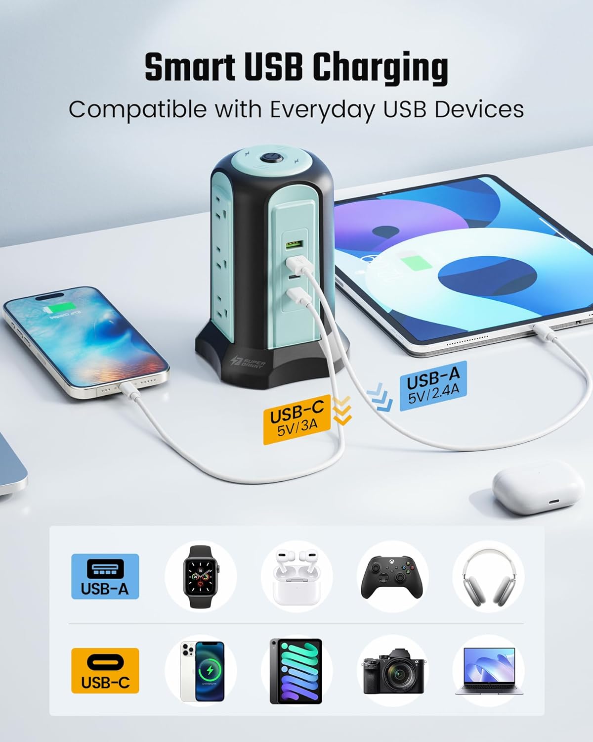 Power Strip Tower Wireless Charger, SUPERDANNY Surge Protector Tower, 10A 1080J Charger Station with 9 Outlets & 4 USB Ports, Extension Cord 10ft for Laptop Phone Black and Blue