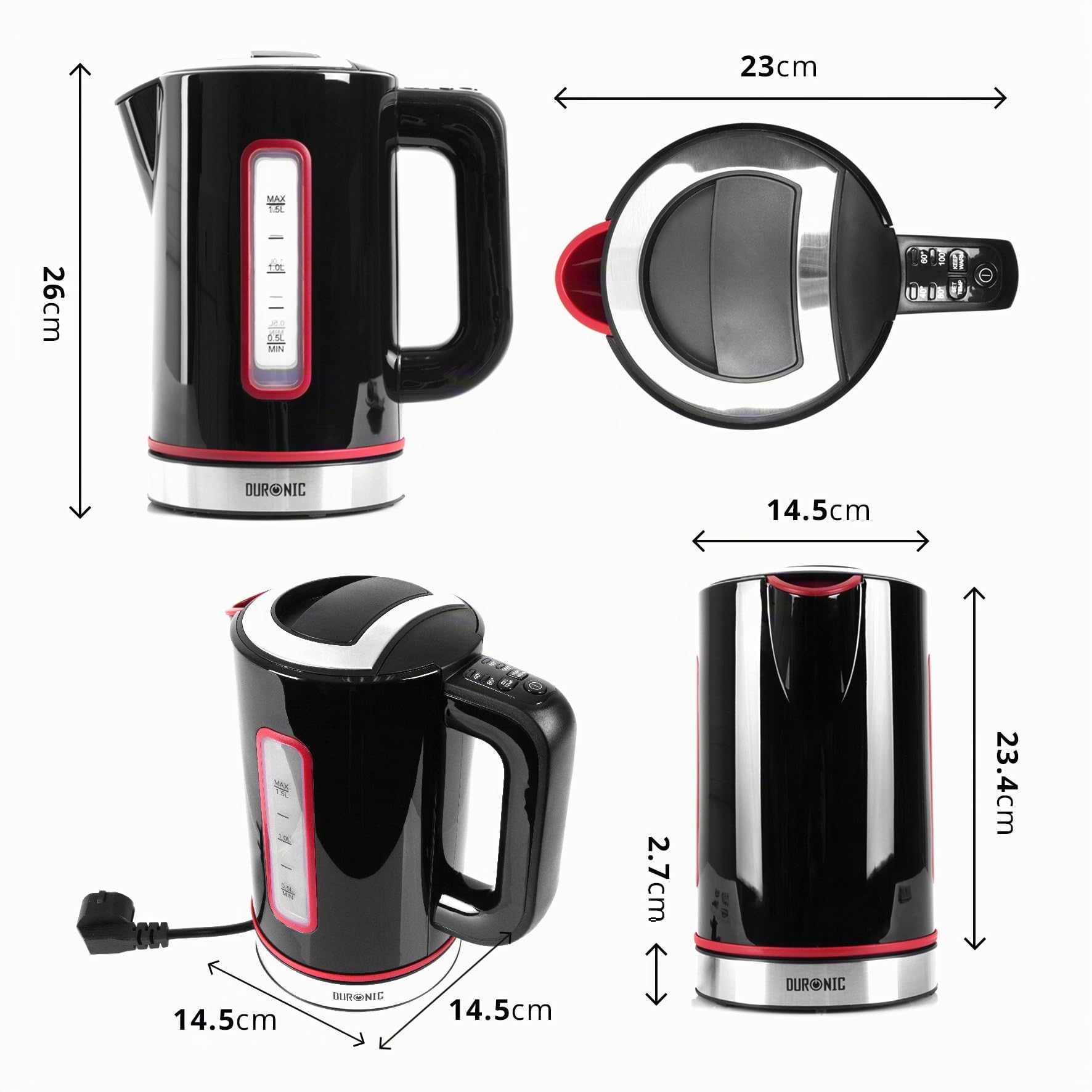 Duronic EK30 BK Bouilloire électrique de 3000W | Température réglable 40° 60° 80° 100° | 1,5L avec filtre anticalcaire | Niveau d’eau visible | Fonction Maintien au chaud | Chauffe rapidement