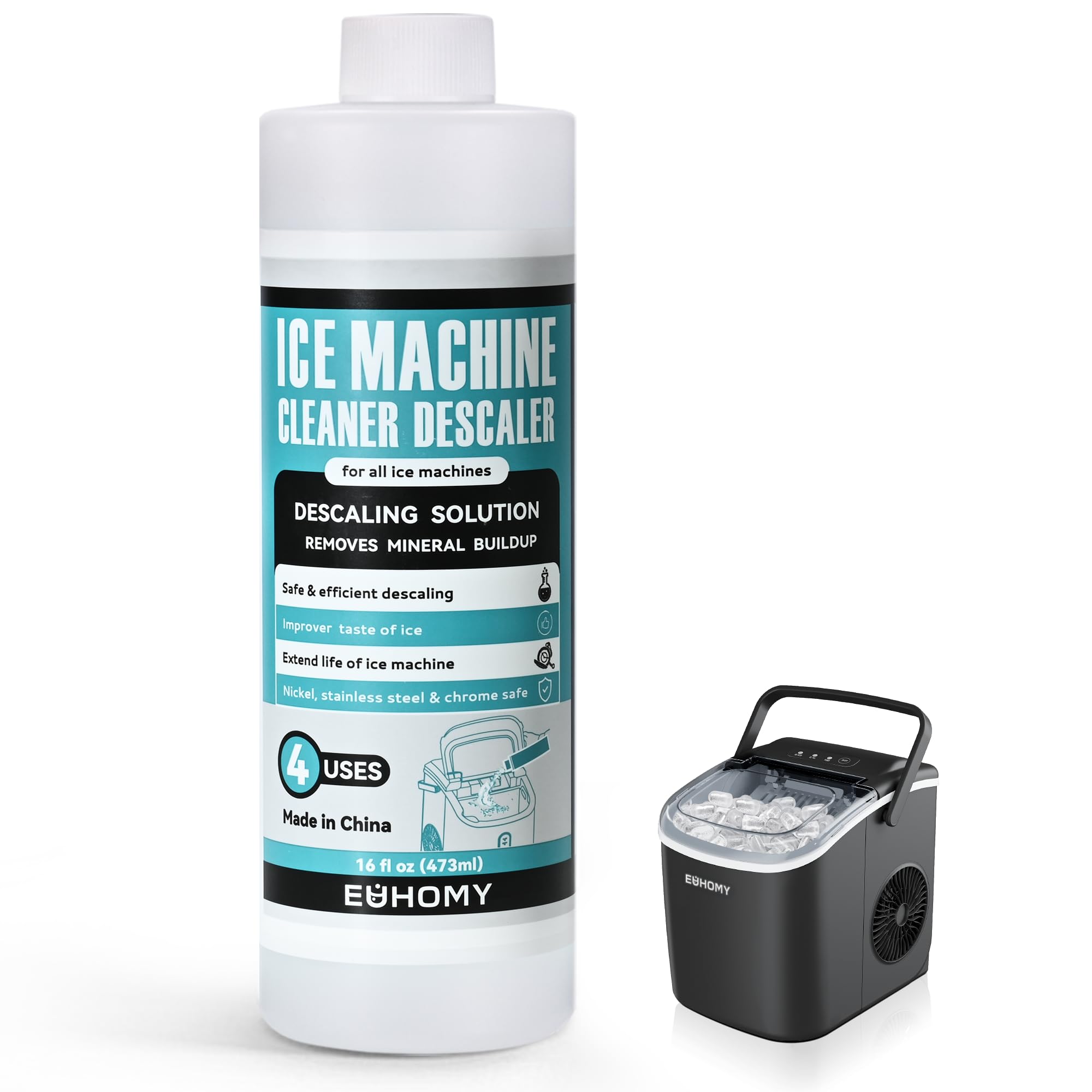 EUHOMY 4 Uses Ice Machine Cleaner Descaler, 16 Fl OZ Ice Maker Cleaner Descaling Solution, Ideal Universal Descaling Solution for All Brands Ice Maker, Single Use Coffee and Espresso Machines