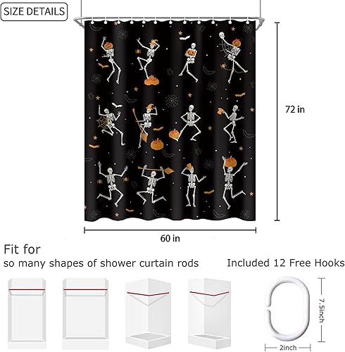 Miniatura 2 de Divertida cortina de ducha con diseño de esqueleto de Halloween, diseño de calabaza negra, decoración de cortina de bañera