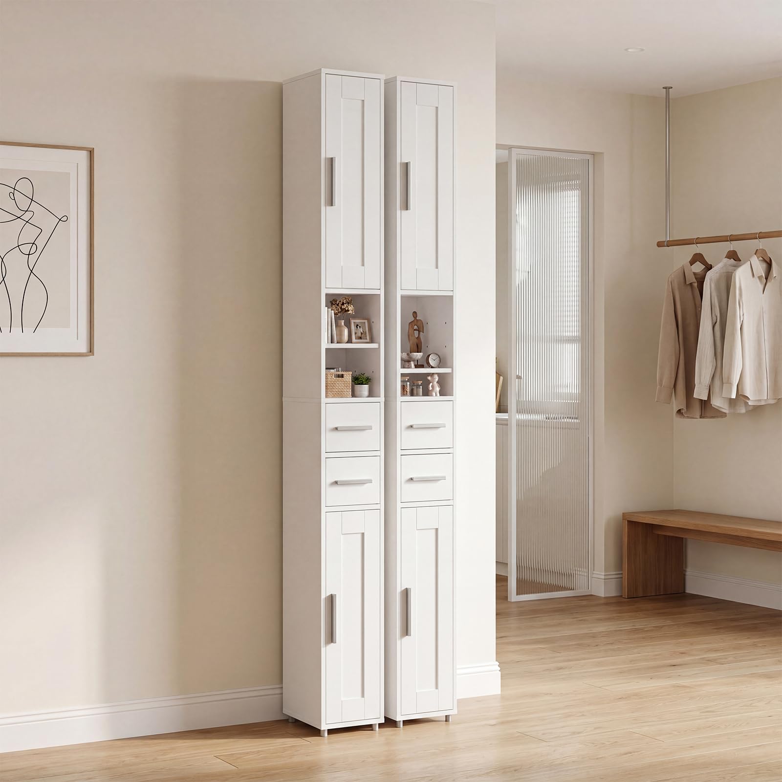 APICIZON Badezimmerschrank, Badschrank Hochschrank, Badezimmerschrank schmal, Badschrank mit verstellbaren Einlegeböden und Schublade, Nischenschrank für Waschbecken, WC, Waschmaschine, Weiss