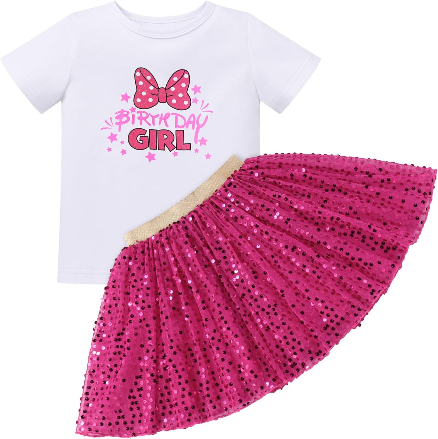 IBTOM CASTLE Birthday Outfit for Girls Short Sleeve Birthday Girl T-shirt Sequin Tulle Skirt for Cake Smash Photoshoot