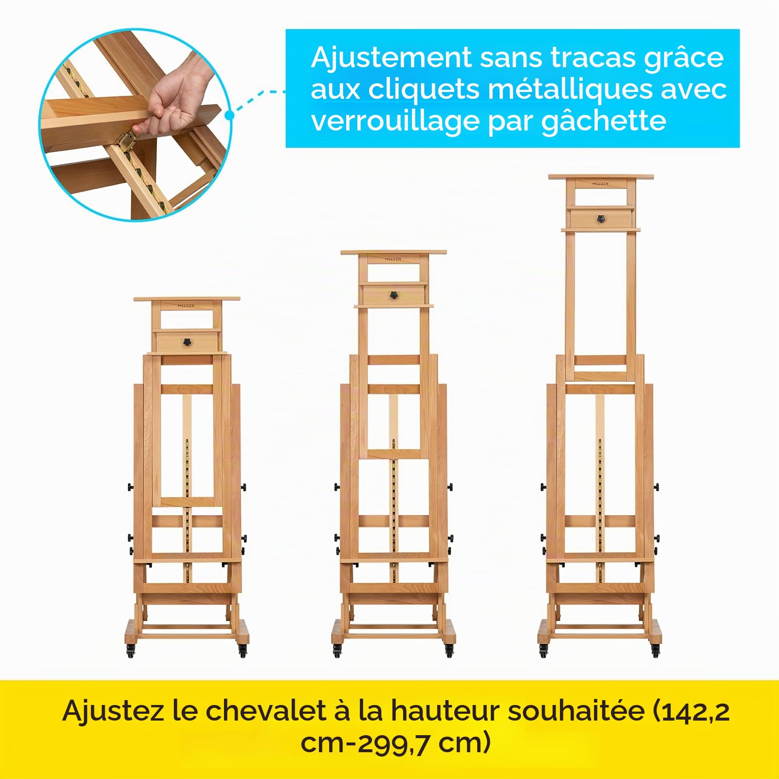 MEEDEN Chevalet de peinture mobile en forme de H - Chevalets de studio en bois de hêtre pour artistes - Chevalet d'art professionnel et robuste pour adultes - Peut accueillir des toiles jusqu'à 200cm