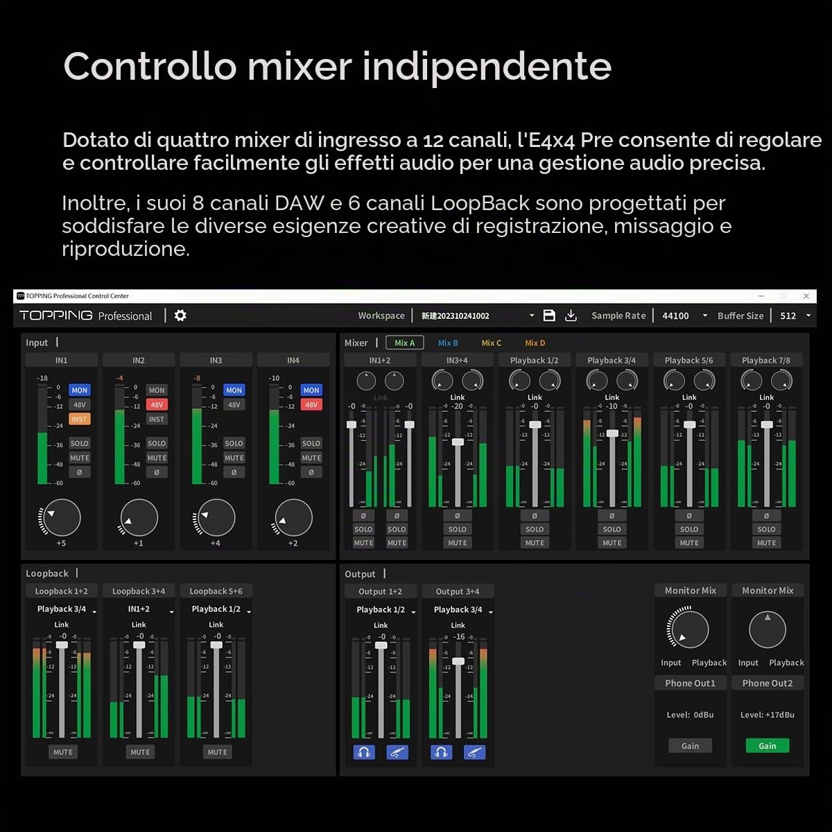 Topping Professional E4x4 Pre, interfaccia audio USB con 4 ingressi e 4 uscite a 24 bit 192kHz