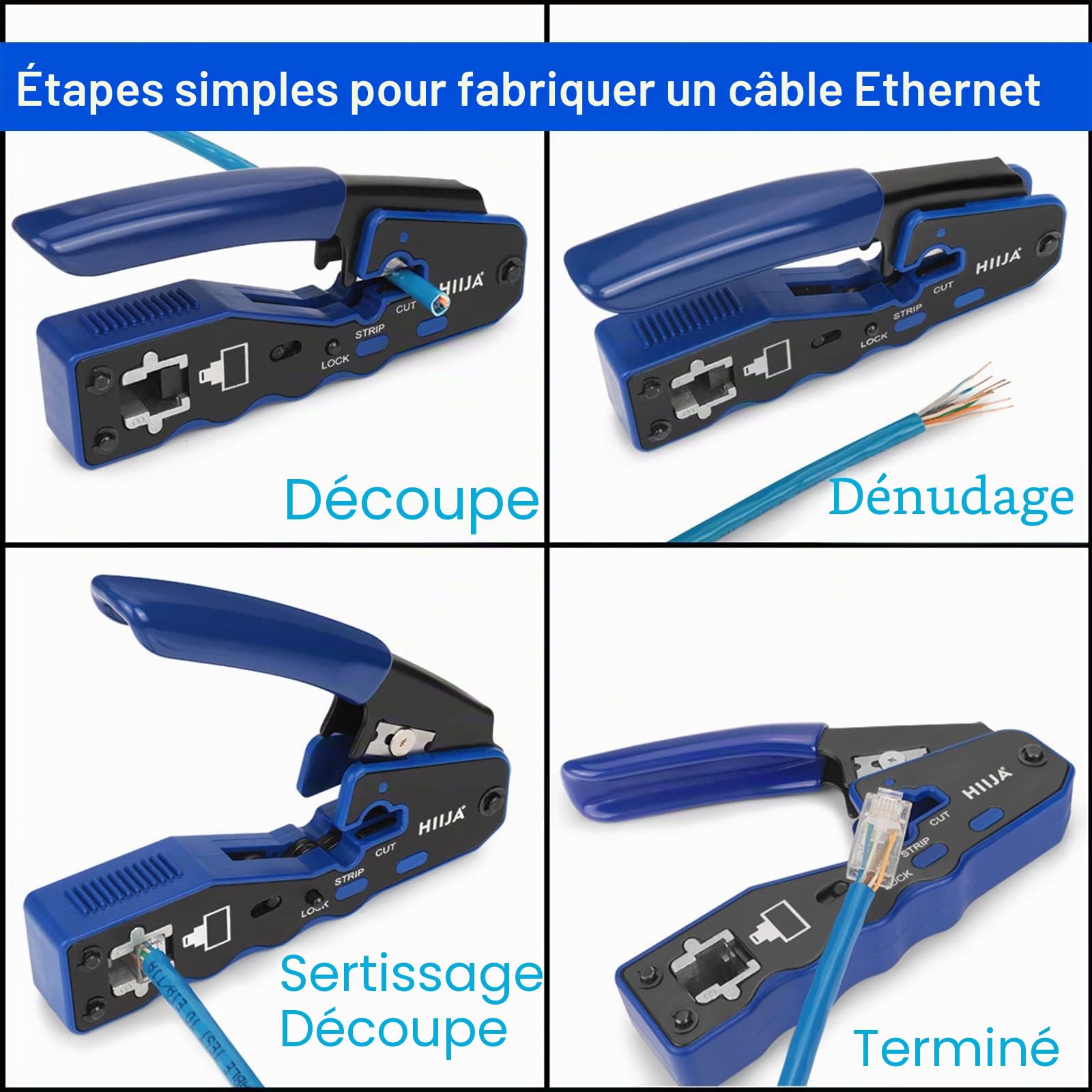 Kit Outils RJ45 – Pince à Sertir, Testeur de Câble Réseau, Pince à Dénuder et Coupe-Fil, 50 Connecteurs CAT6 et 50 Couvre-Bottes, Compatible Cat5/Cat5e/Cat6