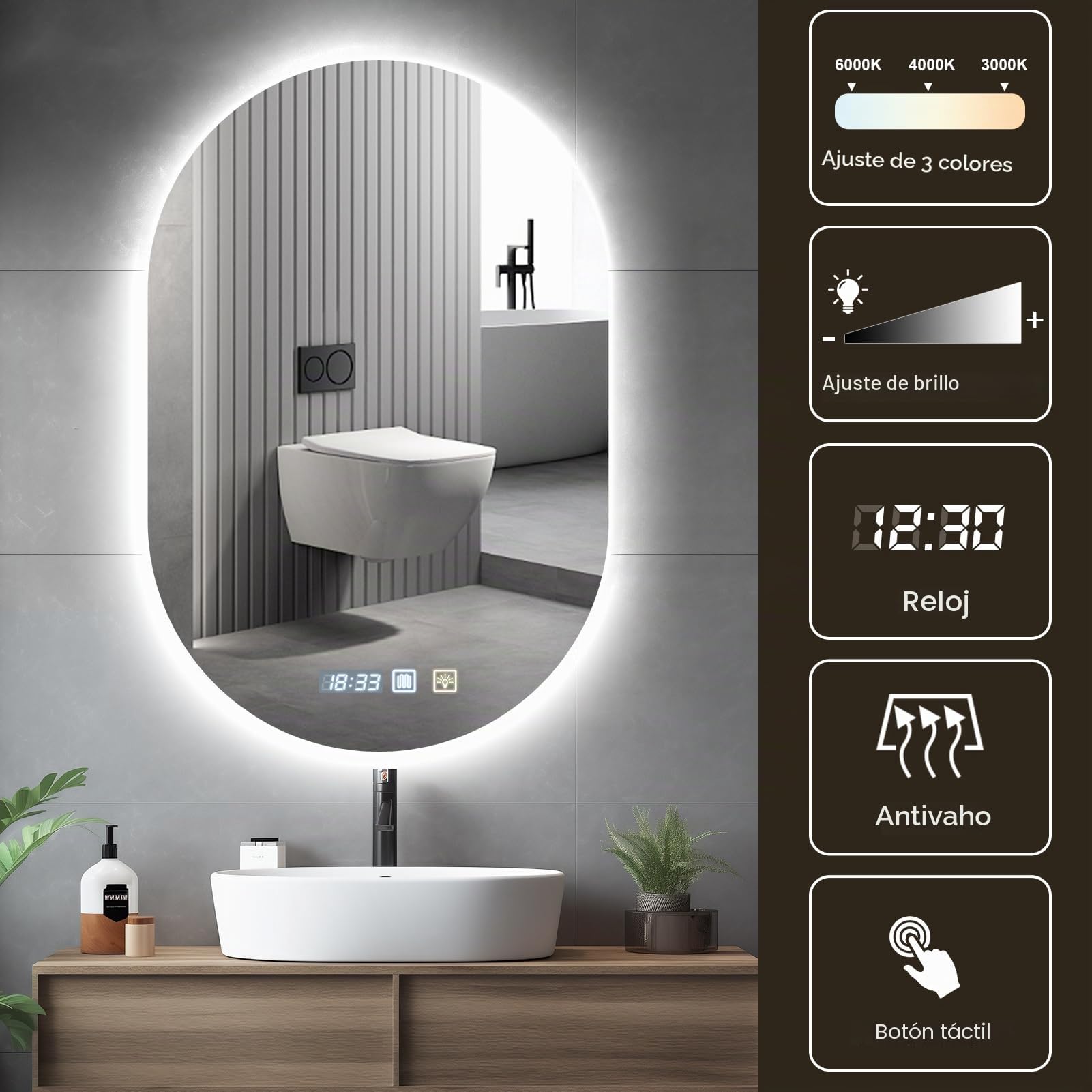 Sararoom Espejo Baño con Luz 75×50cm, Luces de Baño Espejos de pared con Reloj, Función Antivaho, 3000K/4000K/6500K, Regulable, Memoria, Cristal Templado HD, IP44 Espejos de Tocador LED Retroiluminado