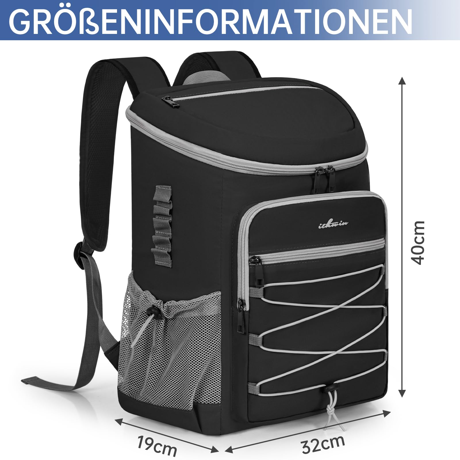 OUUTMEE Kühltasche 25L Thermo Rucksack Auslaufsicher, Kühlrucksack für 30 Getränkedosen (330 ml),für Wandern und Picknick, Praktisch & Leicht,Schwarz/Blau/Grau/Grün/Orange Farbe
