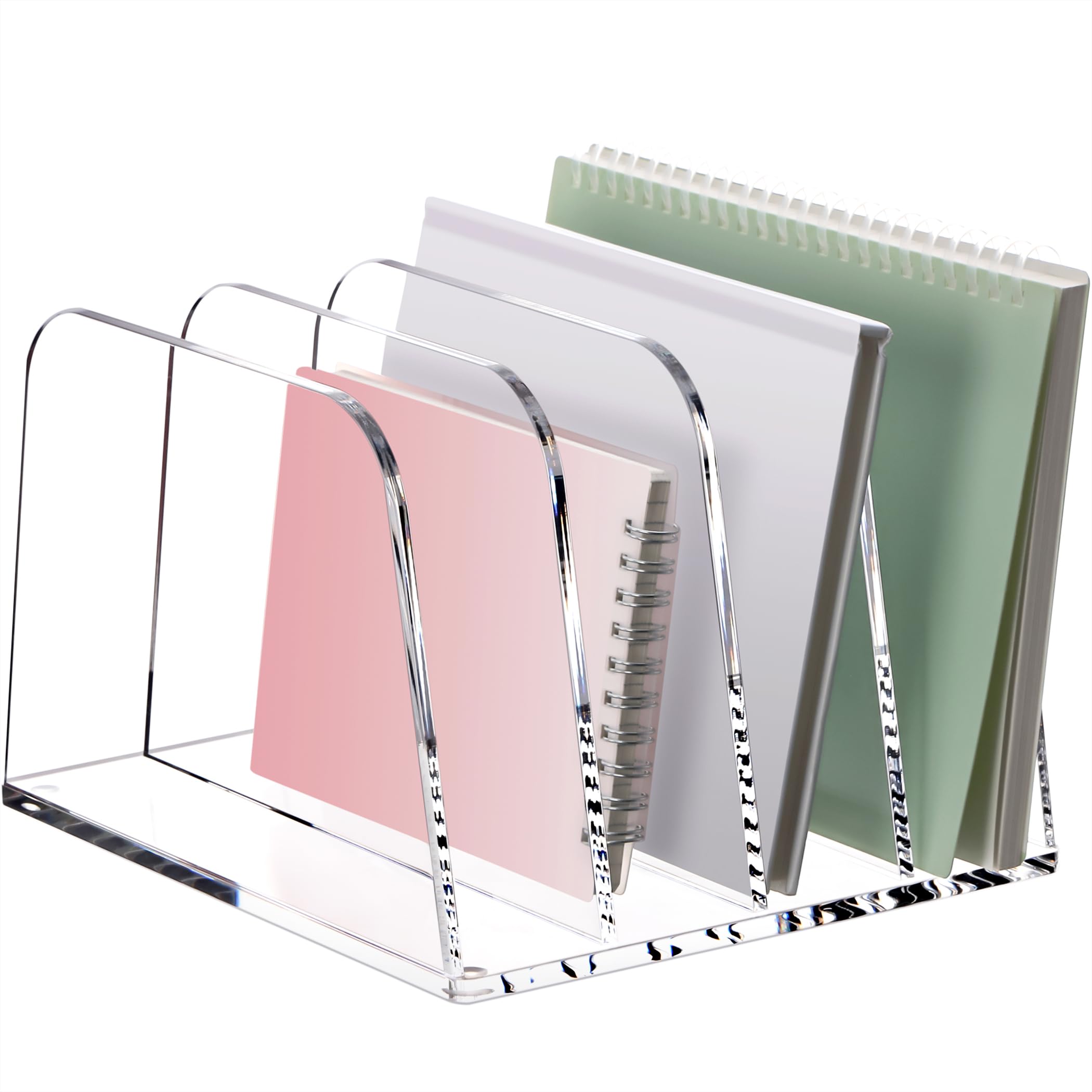 SANRUI Premium Acryl Briefständer & Schreibtisch Organizer (4 Fächer) – Vertikale Ablage für Post, Notizbücher (B5/A5) & Tablets, Transparenter Sortierer mit Silikonfüßen für Home-Office & Kosmetik
