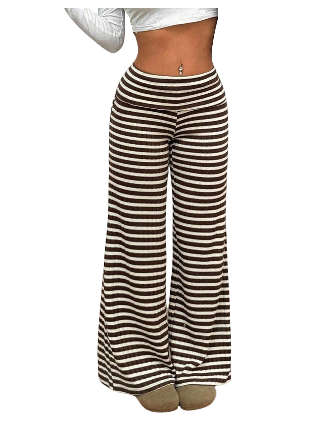 MakeMeChic Womens Striped Wide Leg Pants Elastic Low Waist Knitted Long Trousers