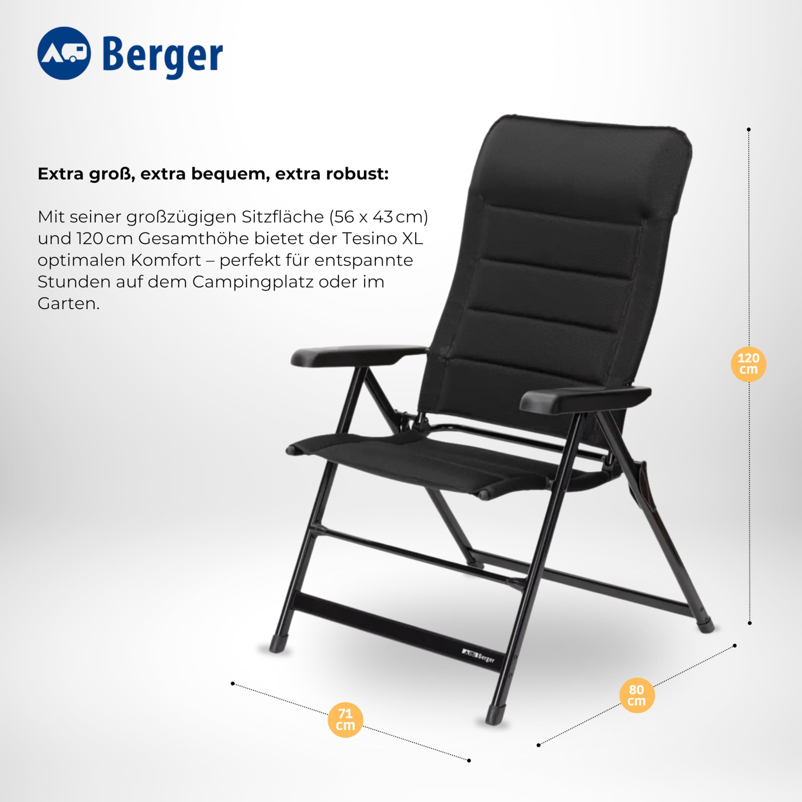 BERGER Tesino XL Campingstuhl klappbar 7-Fach verstellbar gepolstert Faltbarer Outdoor-Stuhl 3D-Mesh bis 200 kg