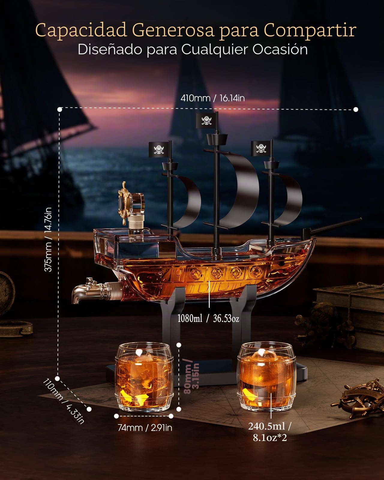 Kollea Regalos de cumpleaños para hombres papá, decantador de whisky con barco pirata, juego de 2 vasos, dispensador de licores para el bar en casa, ideas de regalo divertidas para él, novio