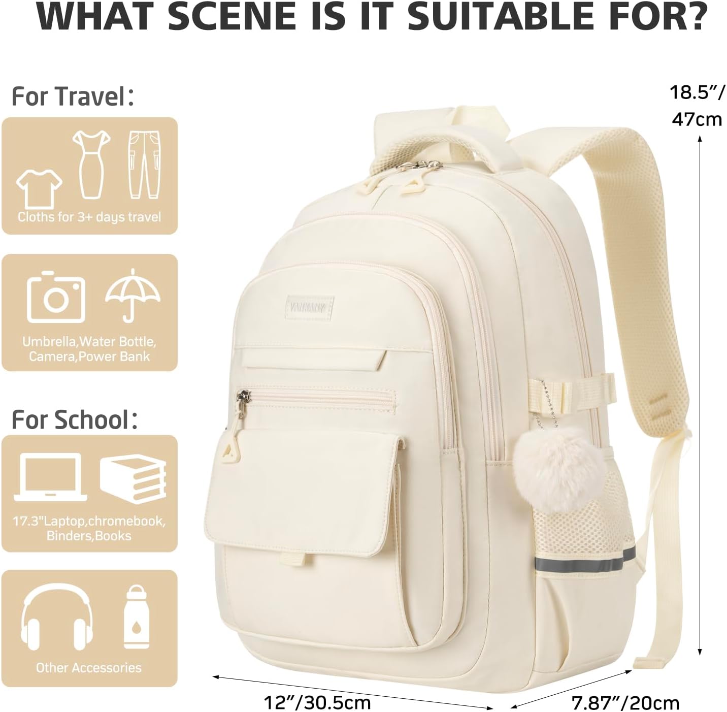 Big Student 17.3in Laptop Backpack for College Women Students, School Backpack Aesthetic Bookbag for Teen Girls Middle High School, Beige