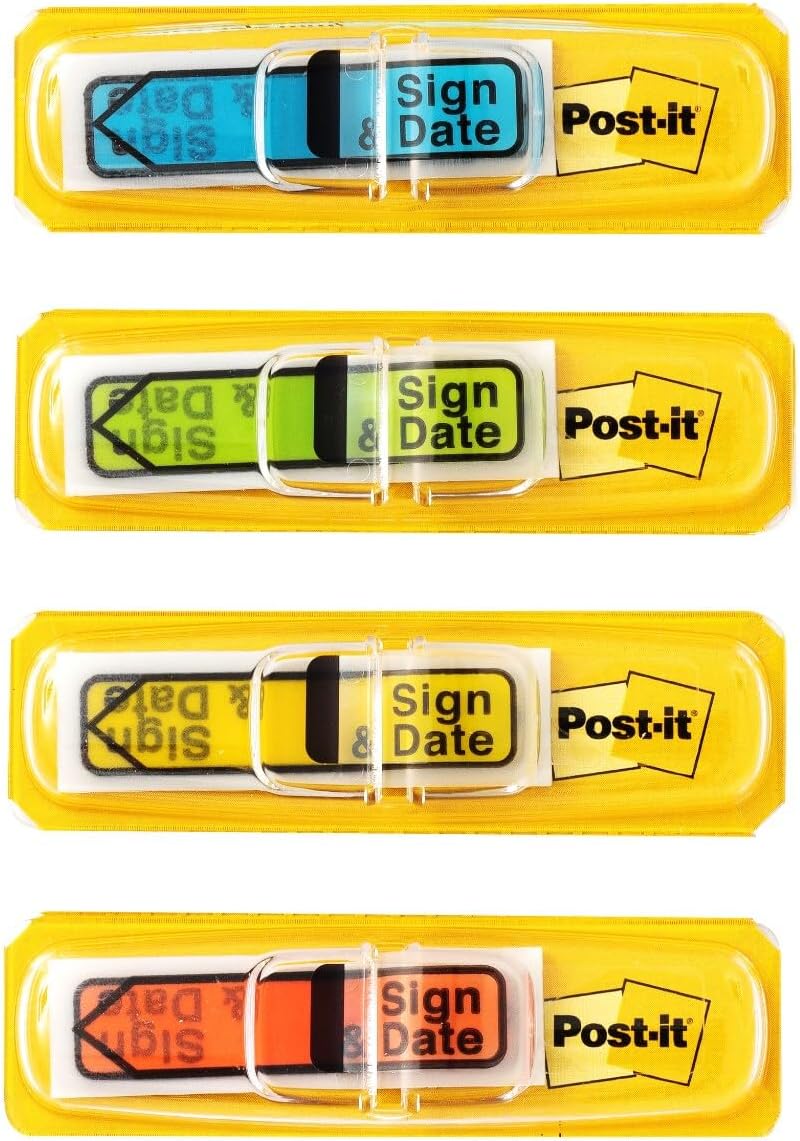 Post-it 684-SD Message Flags, Sign and Date, 30/Dispenser, 4 Dispensers/Pack, .47 in Wide (0.3" x 2.8", Pack of 24, Primary Colors)