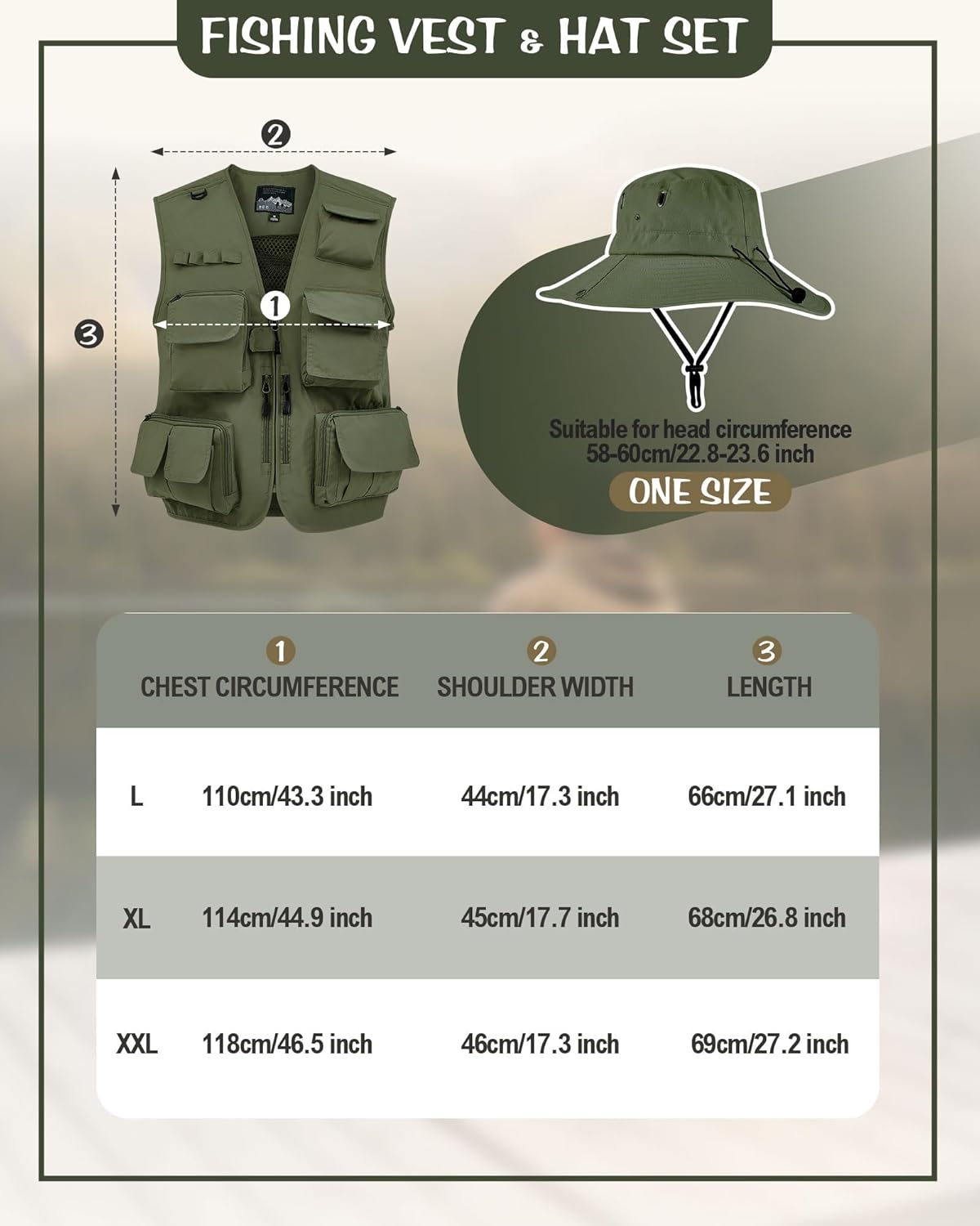 Shihanee 2 Pcs Men's Fishing Vest Sun Hat Multi Pocket Safari Vest for Outdoor Hiking Summer Travel