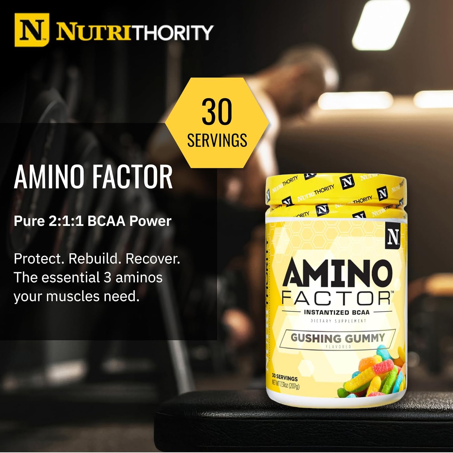Nutrithority - BCAA Powder, Post Workout Recovery Powder with BCAAs Amino Acids L-Isoleucine, L-Leucine, and L-Valine, Improve Muscle Recovery and Hydration, Sugar Free (Gushing Gummy) (30 Servings)