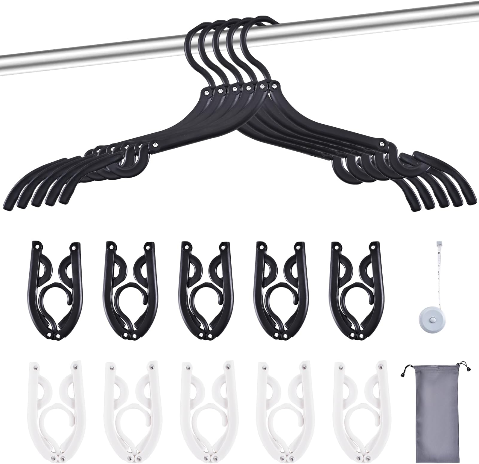 10-Pack Foldable Travel Hangers with Gift Box – Thickened ABS & Aluminum Rivets, Non-Slip Design for Delicate Clothes, Compact 5.5x3 Inch, Black/White