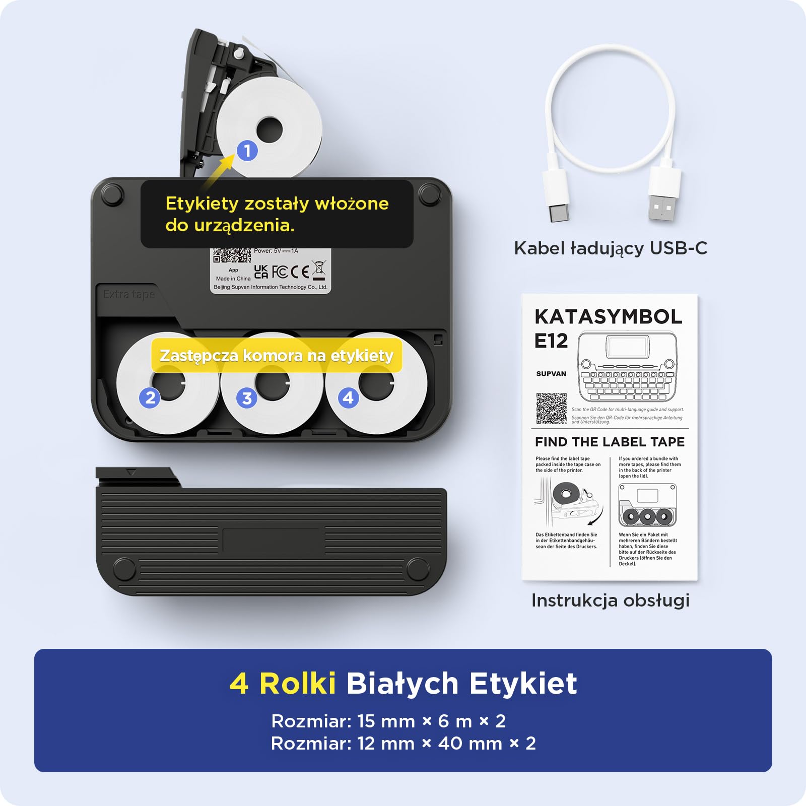 SUPVAN E12 Drukarka Etykiet Z Klawiaturą QWERTY & 4 Rolki Etykiet, Czarna | Aplikacja z 660+ Ikonami, 50+ Ramkami & 30+ Czcionkami, Akumulator 1200mAh, Podświetlany Wyświetlacz, do Szkoły, Biura & Domu