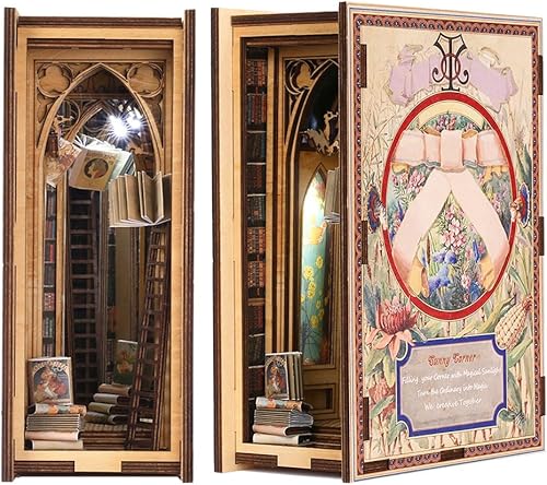 CUTEBEE Kit de bricolaje para rincón de libros, soporte para libros, soporte para libros, kit de casa en miniatura con sensor de luz, rompecabezas