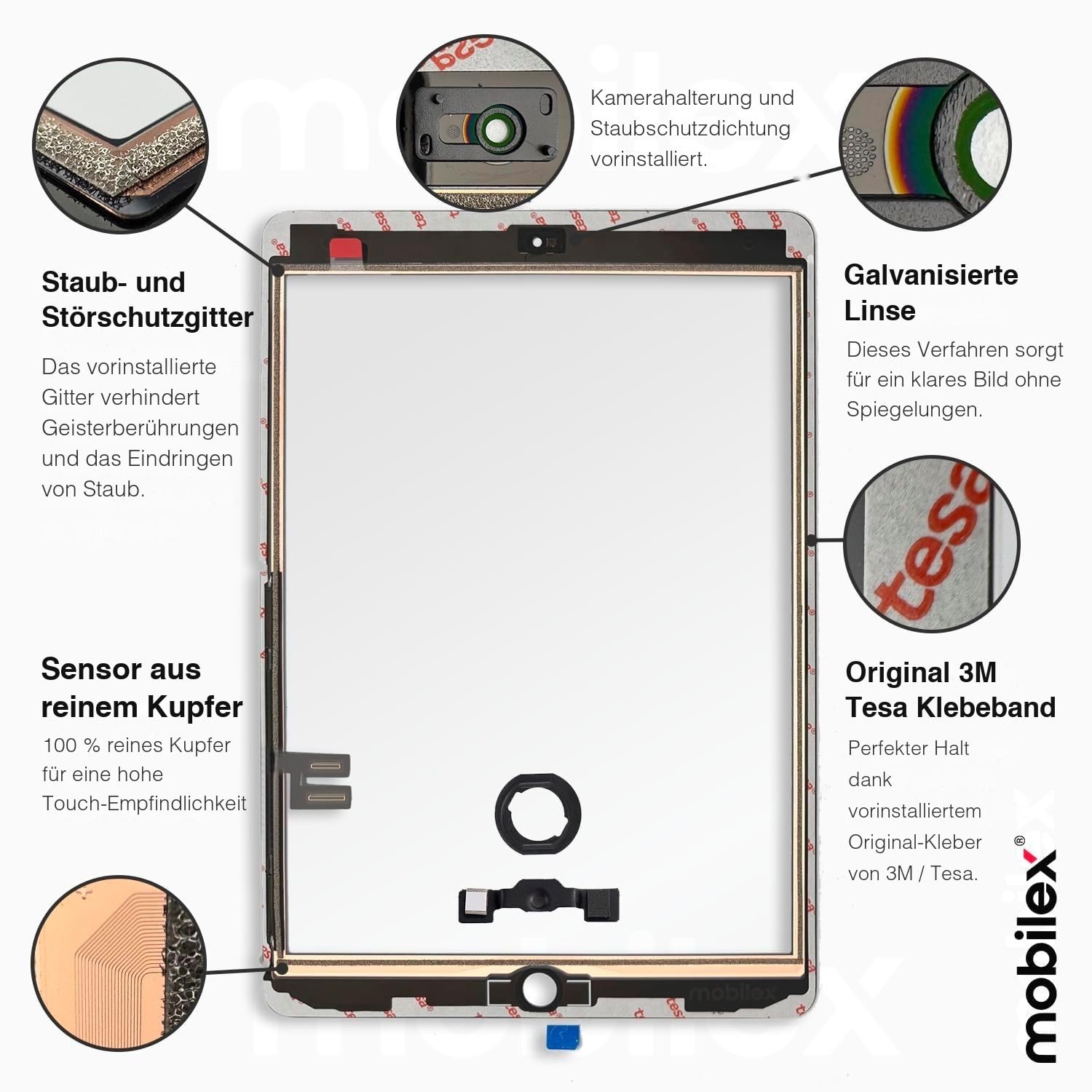 MOBILEX® Touchscreen für iPad 6 (2018) [Schwarz] | OEM Digitizer | Super Widerstandsfähiges Glas | Hochdichter Kupfersensor | 3M Klebeband | Staubschutz