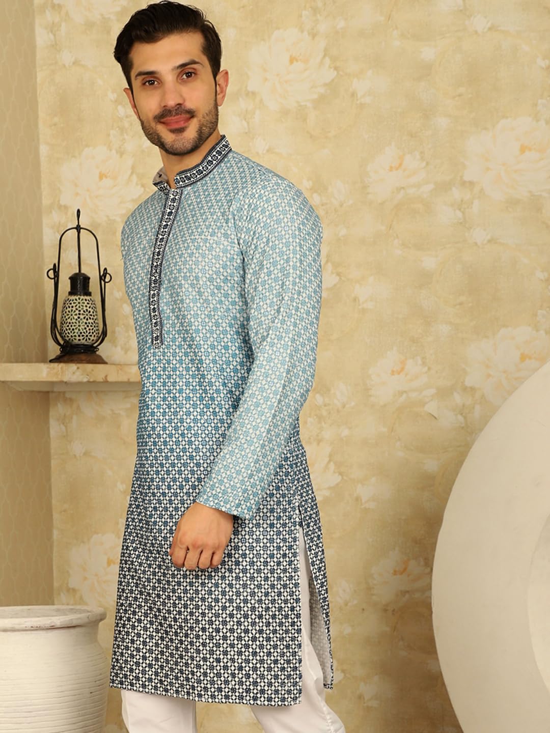 Jompers Men's Sequins Embroider Kurtas (Blue, L)
