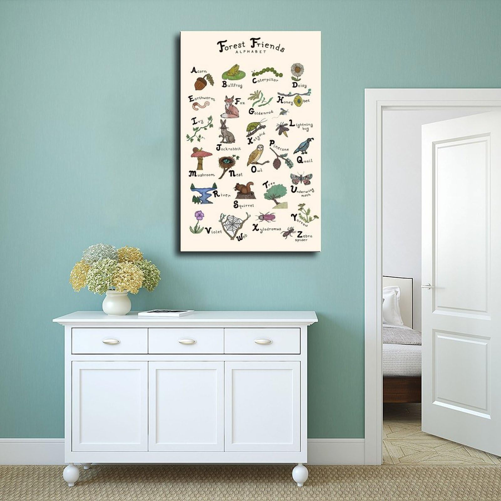 Lettres de l'alphabet de la forêt, animaux de la forêt, décoration éducative pour enfants, poster sur toile, décoration murale pour salon, chambre à coucher, 61 x 91,4 cm (L x l)