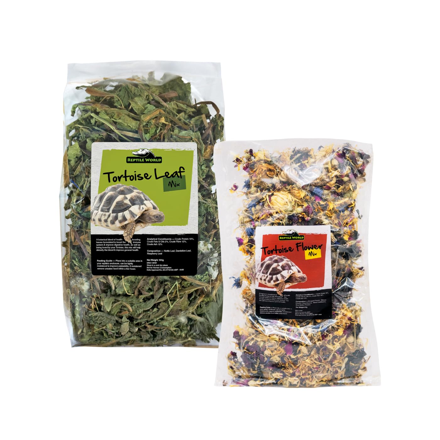 Reptile World Tortoise Leaf Mix 100g & Tortoise Flower Mix 60g - Twin Pack | 100% Natural Forage for Tortoises, Bearded Dragons & Reptiles, Digestion Support, Immune System Support, Made in the UK