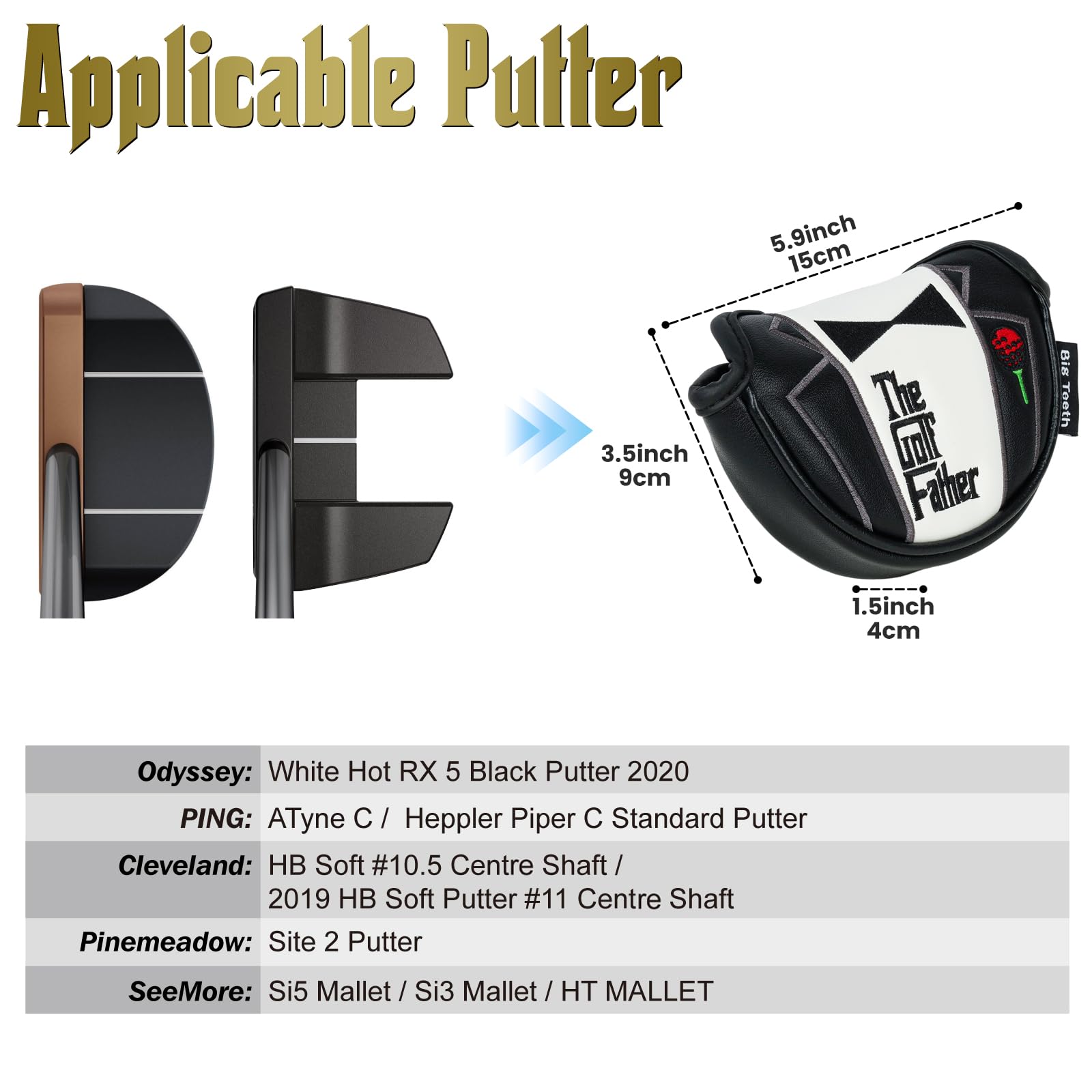 Golfschlägerhauben für Fahrer/Fairwayholz/Hybrid/1FH/Putter/Eisen/Handschuhe, Schwarz und Weiß, PU-Leder, Geschenk für den Golfvater