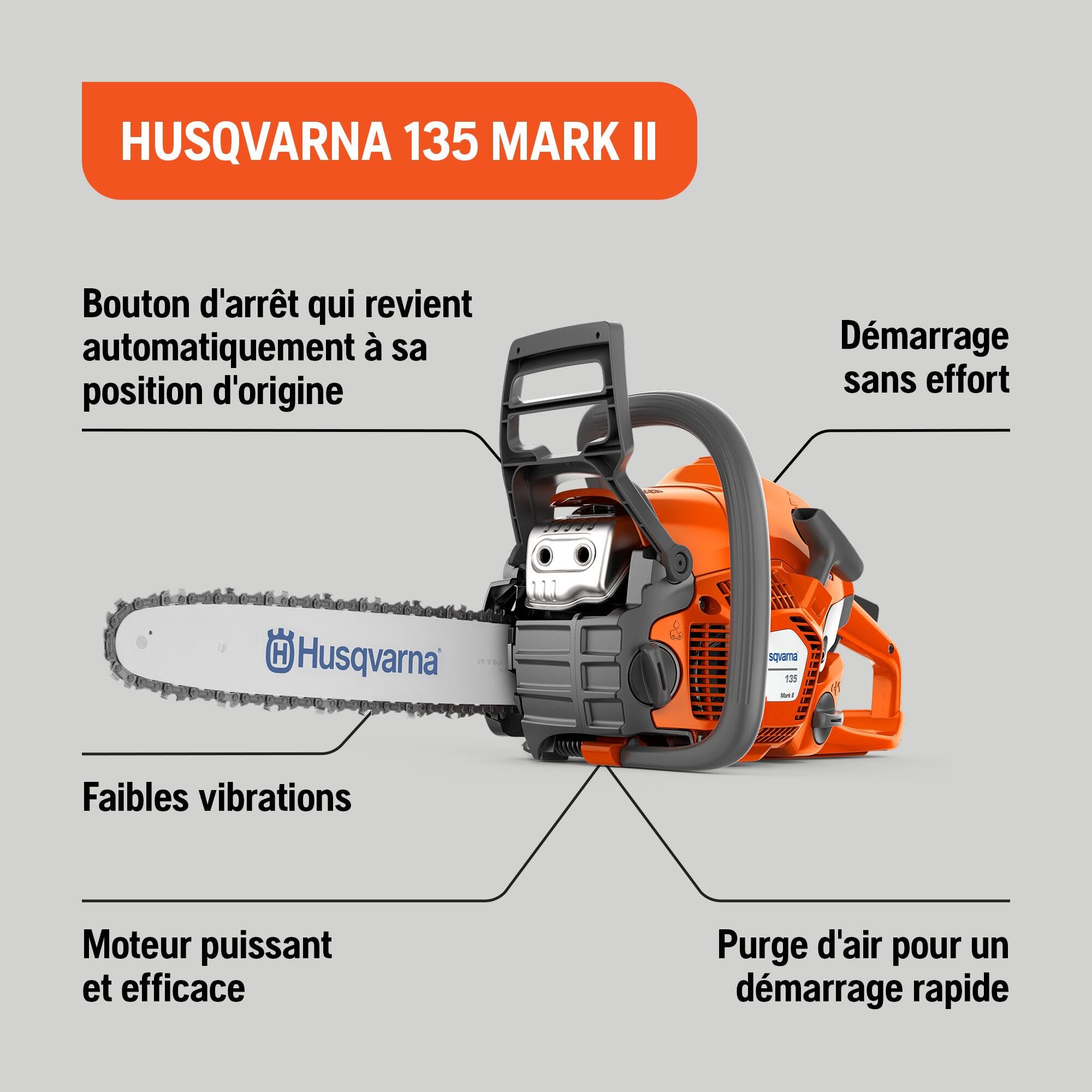 Husqvarna 135 Mark II : Tronçonneuse thermique 38 cm³ X-Torq®, guide 35 cm, LowVib®, Smart Start®, Air Injection™. Idéale pour la coupe de bois de chauffage, l’élagage et l’entretien du jardin.