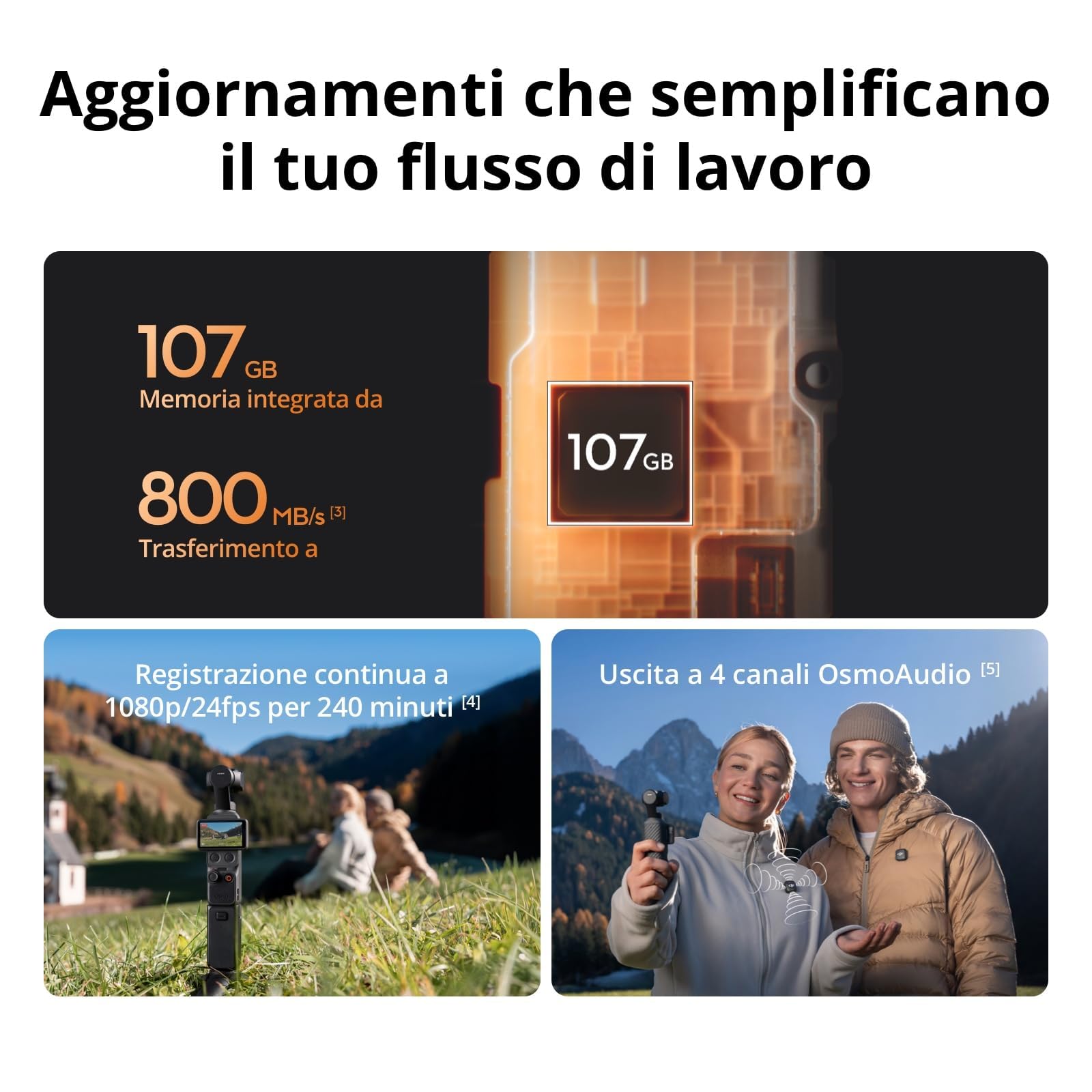DJI Osmo Pocket 4 Combo Standard, fotocamera stabilizzata tascabile per vlog, CMOS da 1″ e 4K/240fps, stabilizzazione a tre assi, 107 GB di memoria integrata (Standard Combo)