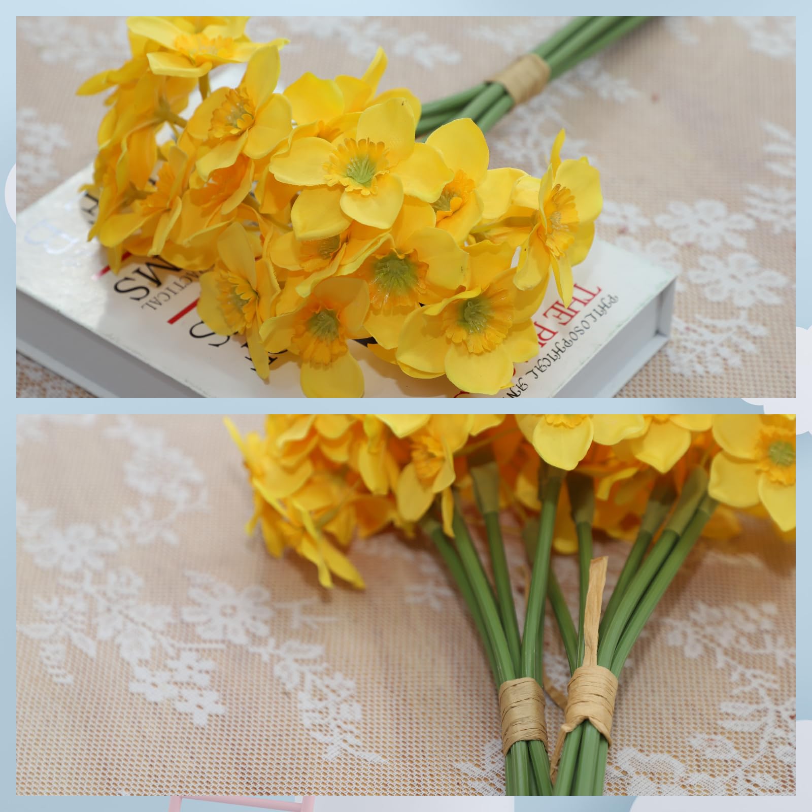 Ramo de flores artificiales de seda de narciso, amarillo, 2 paquetes, decoración para el hogar y la oficina (amarillo)