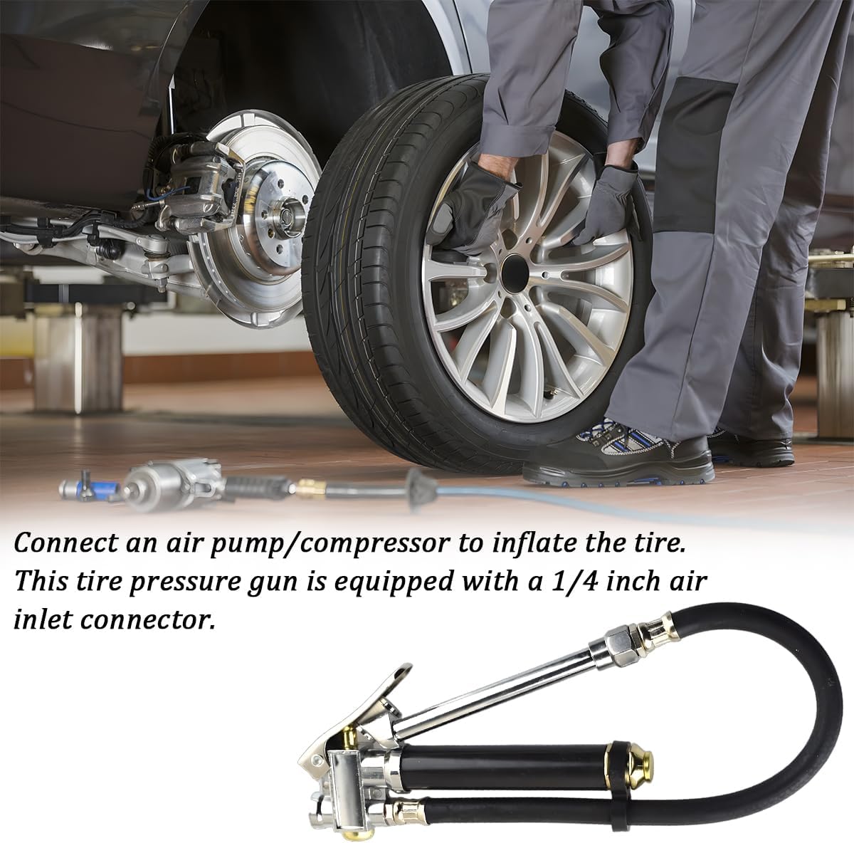 Heavy Duty Bayonet Style Tire Inflator with Air Chuck, 0-200PSI 17PCS Auto Tire Pressure Gauge with 4 Way Tool & Valve Core, Air Compressor Accessories, Universal for Sedan Truck SUV (Black)