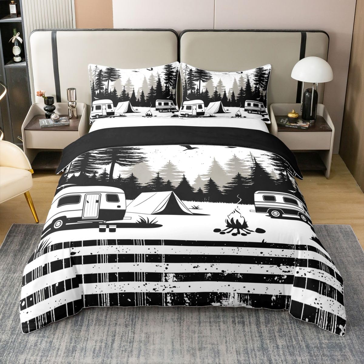 Homewish Juego de funda de edredón de algodón con diseño de bosque de pinos y árboles grises, para decoración de habitación, decoración de habitación, juego de cama estético