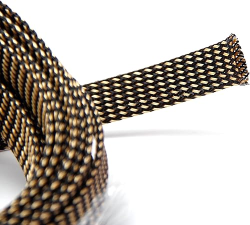 Vista 5 de Bettomshin 1 funda de organización de cables de 16.4 pies (16.4 ft), 9/16 pulgadas de ancho, protector de cable PET negro y dorado, tubo de telar