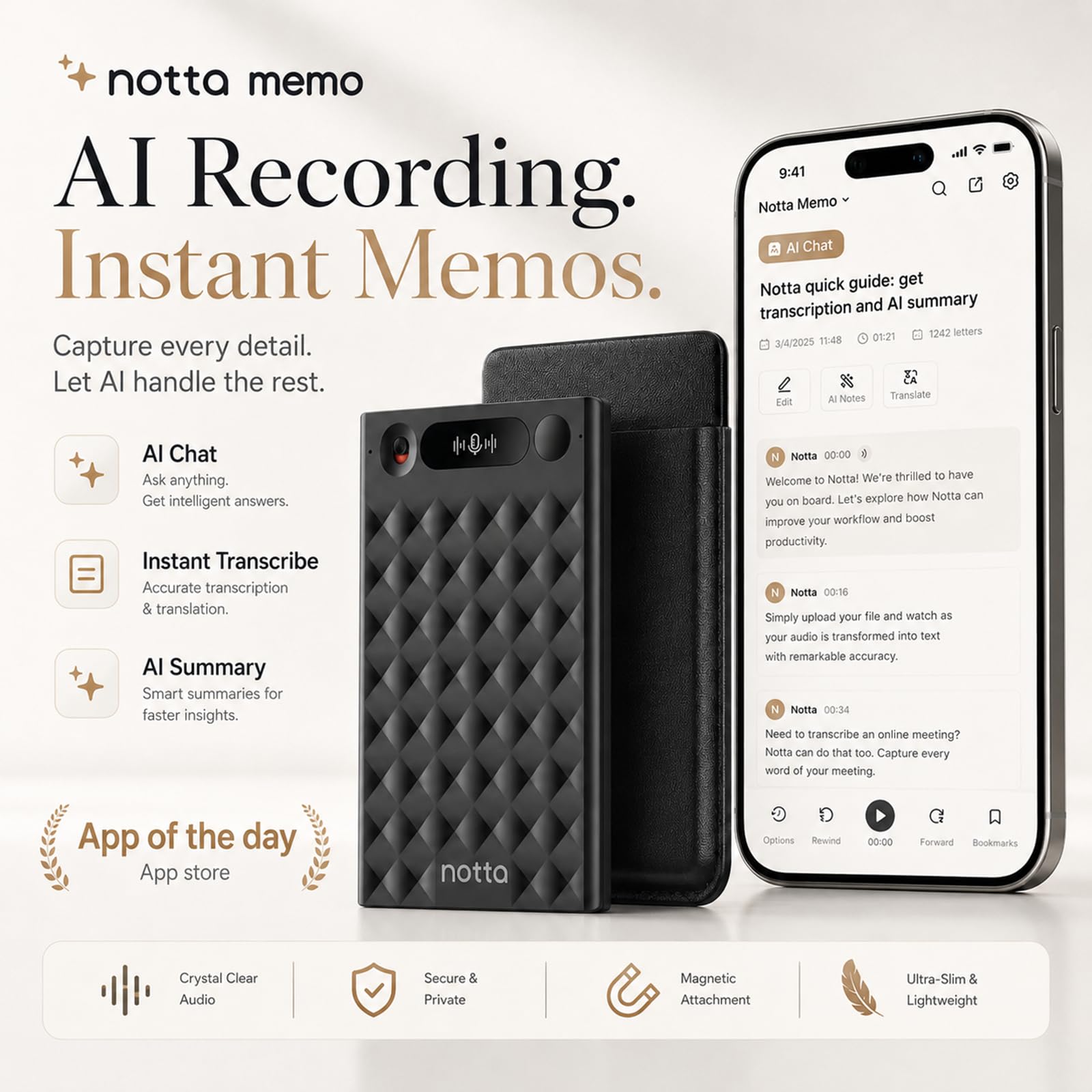 AI Voice Recorder, Notta Memo Digital Voice Recorder w/Case, AI