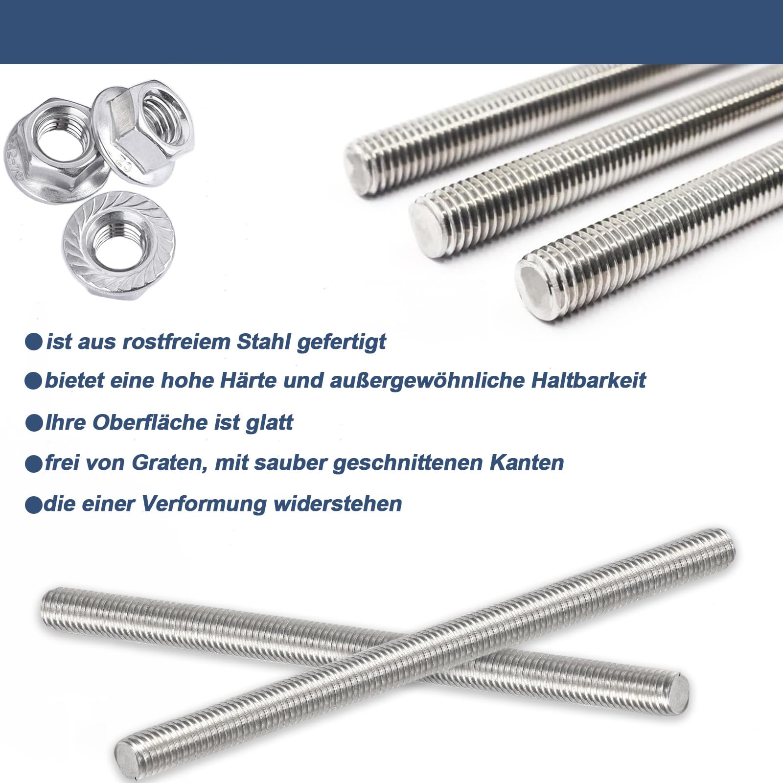 Produktbild von 3 Stück Gewindestangen M6 X 100 Mm – 304 Edelstahl, Vollgewinde, Steigung 1 Mm – Für Möbel-, Maschinen- Und Gerätemontage